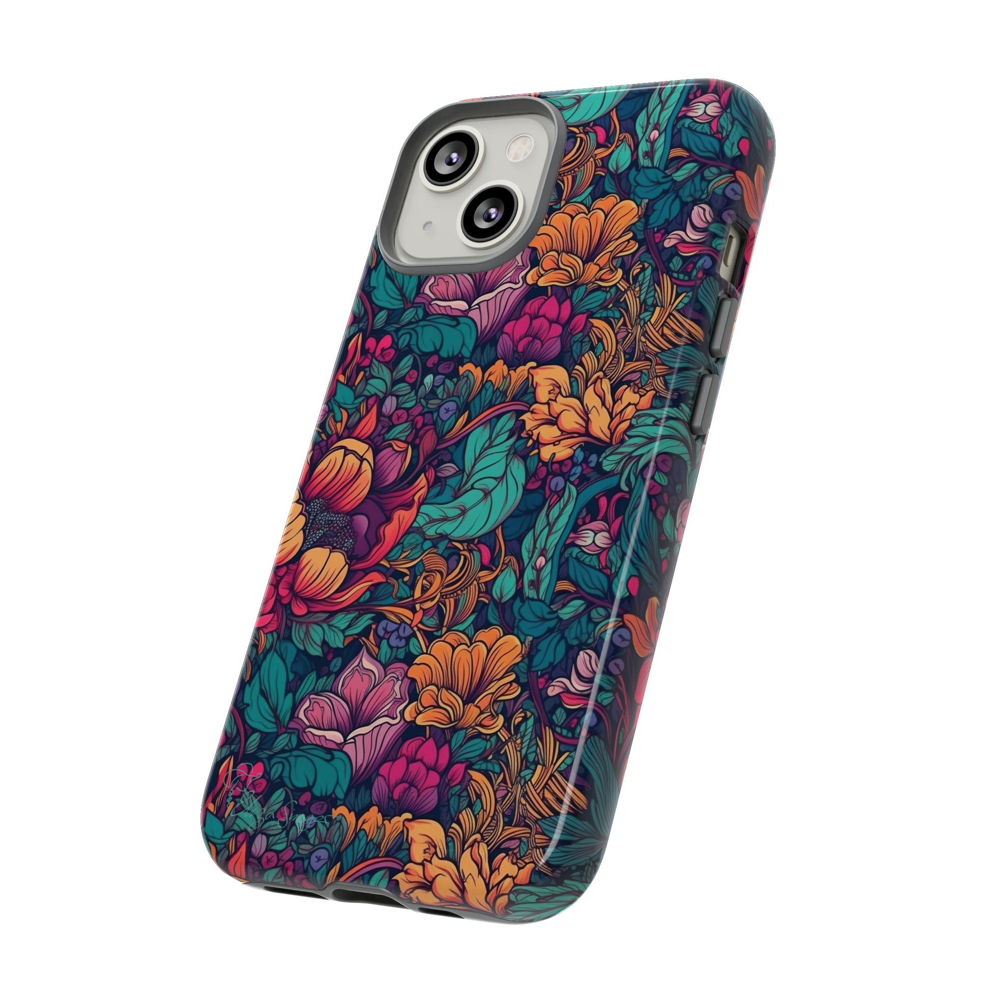 Vibrant Boho Blossoms: iPhone Tough Protective Cover. Featuring a bright abstract floral design, this case adds a touch of Bohemian flair. Compatible with iPhone 15, 14, 13, XS, XR Pro/Max/Mini/P/Plus. Embrace Boho Chic with Style and Durability. #ElizaSinger #PhoneCase #FloralDesign
