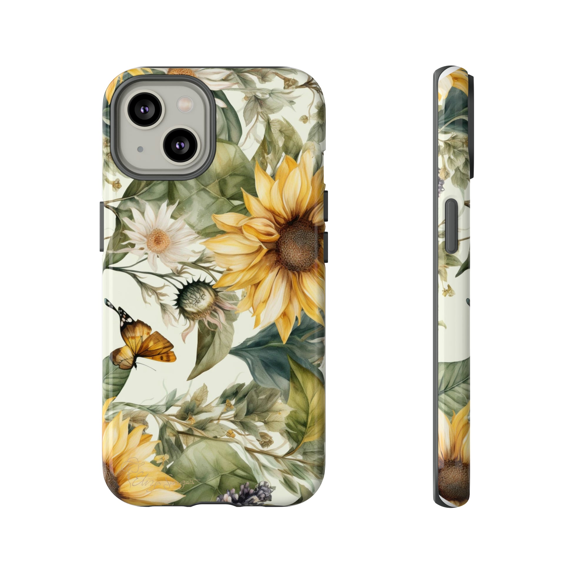 Bask in Sunshine: Beautiful Sunflower Floral iPhone Tough Protective Cover. A charming blend of Flower and Sunflowers in a cottage core style, compatible with iPhone 15, 14, 13, XS, XR Pro/Max/Mini/P/Plus. Elevate Your Device with Nature's Beauty and Durability. #ElizaSinger #PhoneCase #FloralDesign 