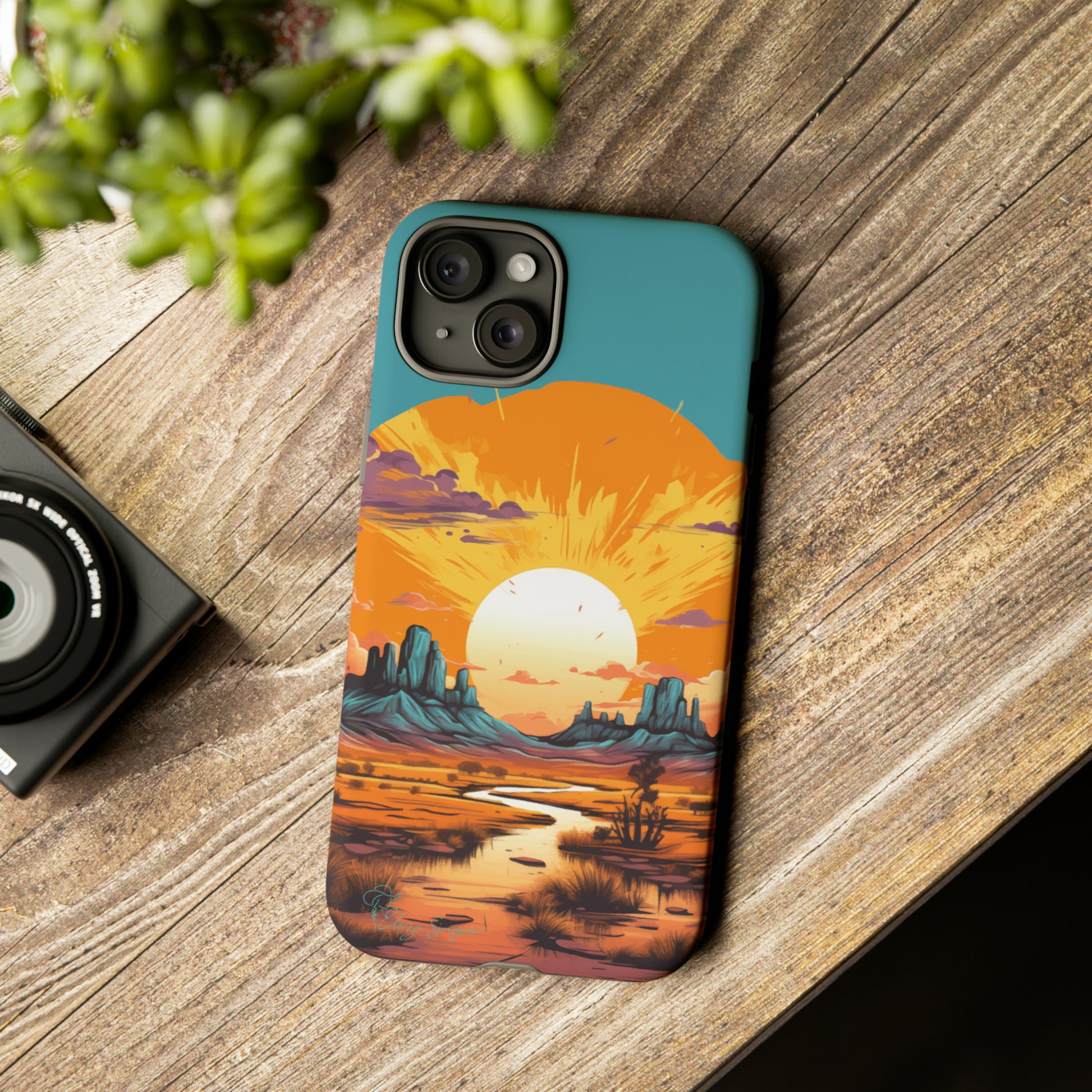 Introducing our Tough Western Cell Phone Case: Turquoise Twilight Oasis Edition! This captivating design showcases a serene landscape with a turquoise background and a mesmerizing setting sun. Enjoy the perfect blend of rugged protection and artistic flair.