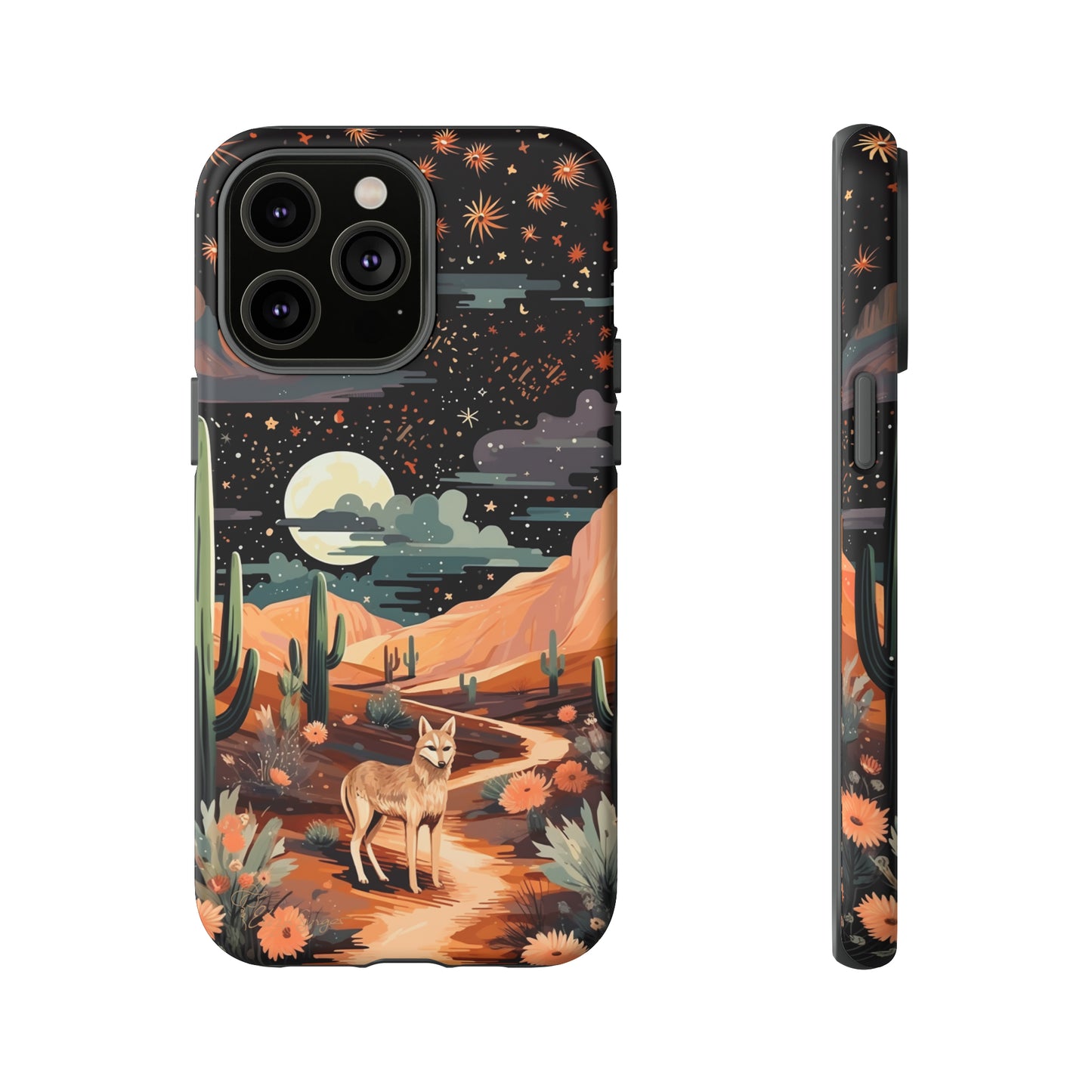 Unveiling our Tough Western Cell Phone Case: Stellar Desert Jackal Edition! Embrace the beauty of the night with a jackal in a desert landscape, under a starry sky, surrounded by cacti. This case provides rugged protection with a touch of celestial elegance.