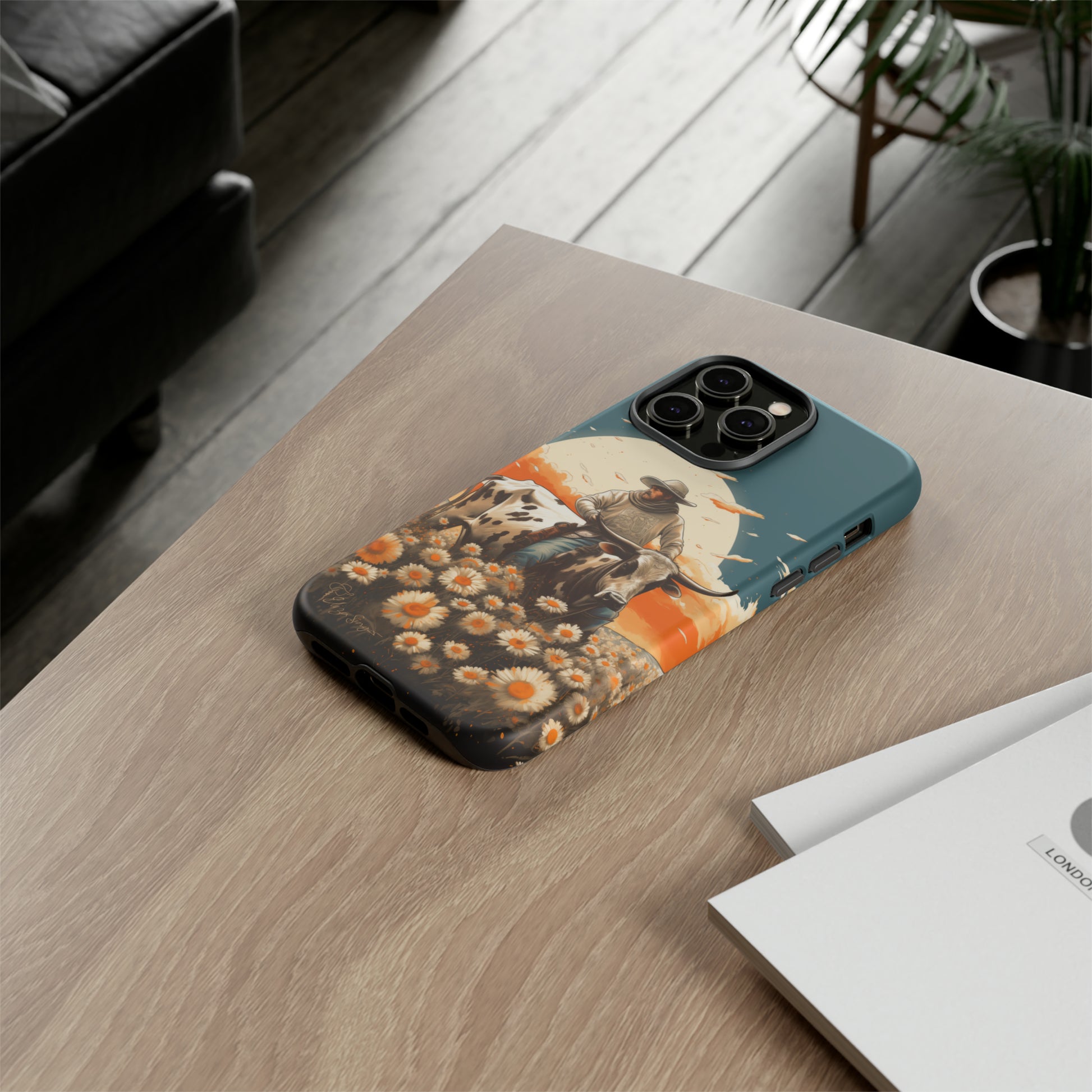 Harmony of Contrasts: Dive into our Tough Cell Phone Case, a visual symphony featuring a bullrider on a black and white dairy cow amidst a vibrant field of flowers. This edition effortlessly merges toughness with artistic flair, offering a unique and captivating contrast. Elevate your phone with rugged elegance. #ElizaSinger #PhoneCase #ContrastHarmony