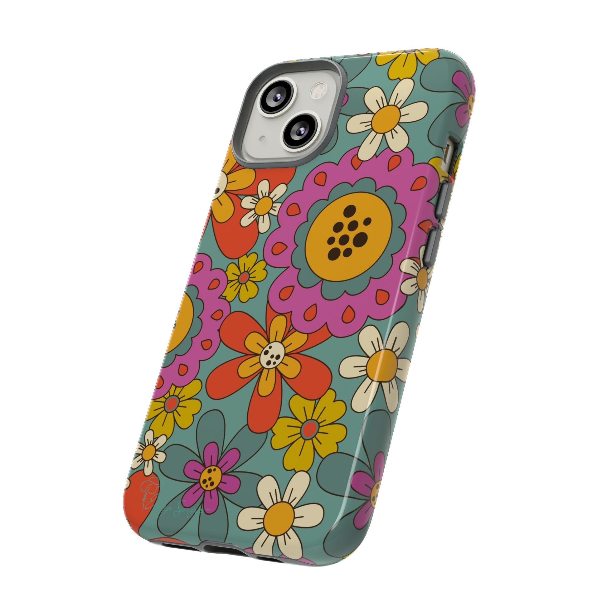 Step into the Groove: Groovy Hippie Hippy Design iPhone Tough Protective Cover. A nod to the 60's with Daisy Design in Turquoise and Pink. Compatible with iPhone 15, 14, 13, XS, XR Pro/Max/Mini/P/Plus. Embrace Retro Vibes with Style and Durability. #ElizaSinger #PhoneCase #GroovyDesign 