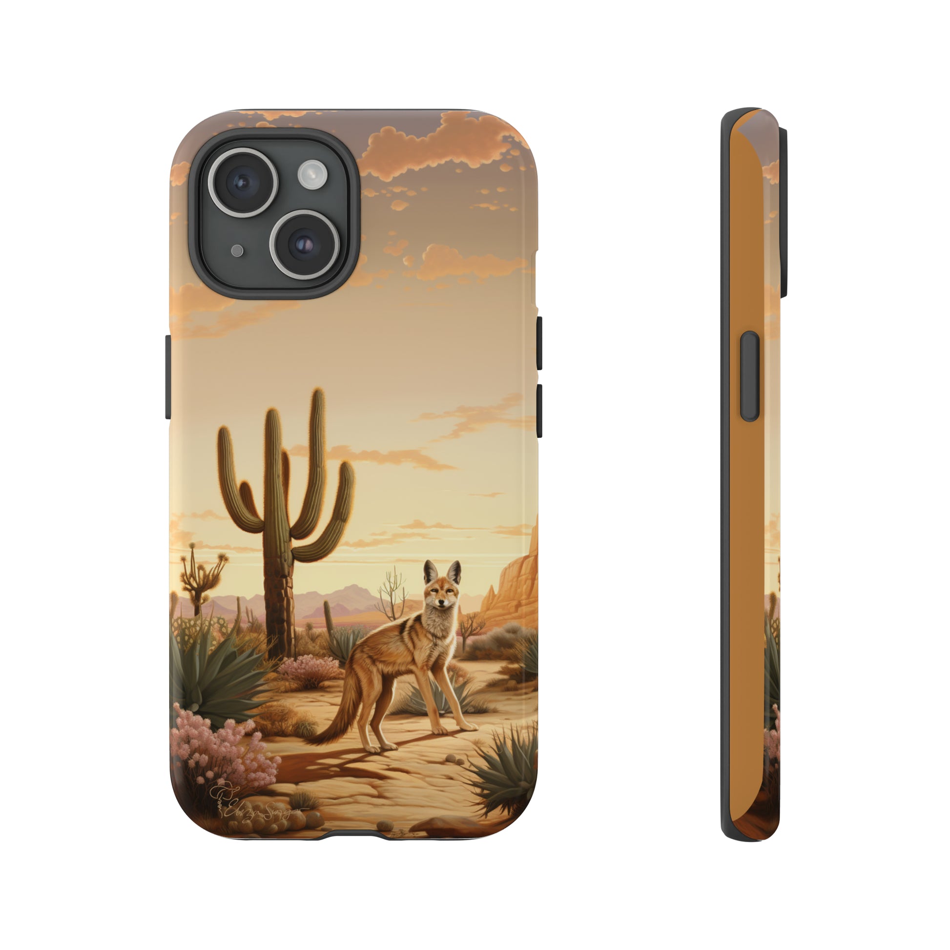 Unveiling our Western Tough Cell Phone Case: Dusk Jackal Oasis Edition! Witness the beauty of dusk with a jackal in a desert landscape next to a cactus. This design offers both rugged protection and a touch of twilight elegance.