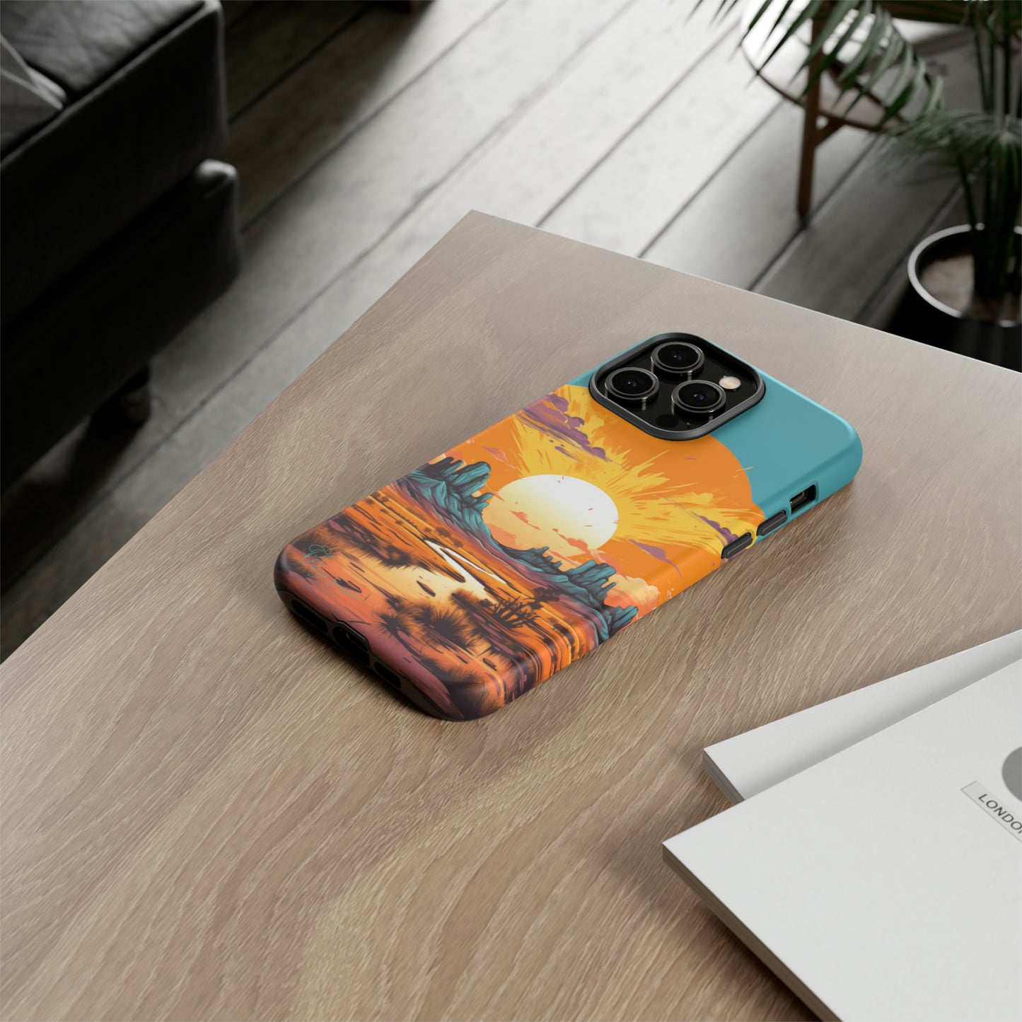 Introducing our Tough Western Cell Phone Case: Turquoise Twilight Oasis Edition! This captivating design showcases a serene landscape with a turquoise background and a mesmerizing setting sun. Enjoy the perfect blend of rugged protection and artistic flair.