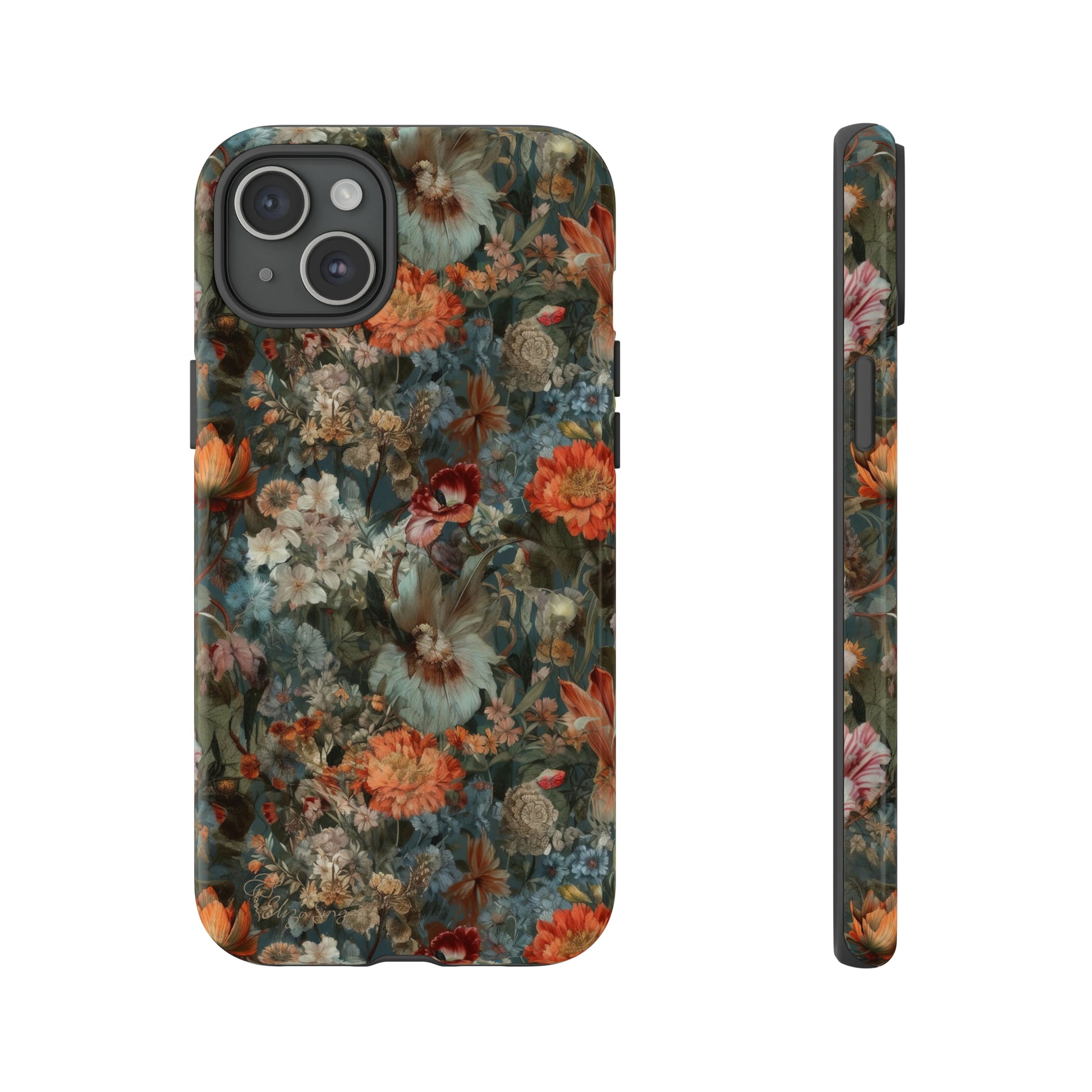 Blooms in Shadows: Botany Floral Dark Flowers iPhone Tough Protective Cover. A captivating blend of Flowers in muted colors, compatible with iPhone 15, 14, 13, XS, XR Pro/Max/Mini/P/Plus. Unleash Nature's Elegance with Durability and Style. #ElizaSinger #PhoneCase #FloralDesign
