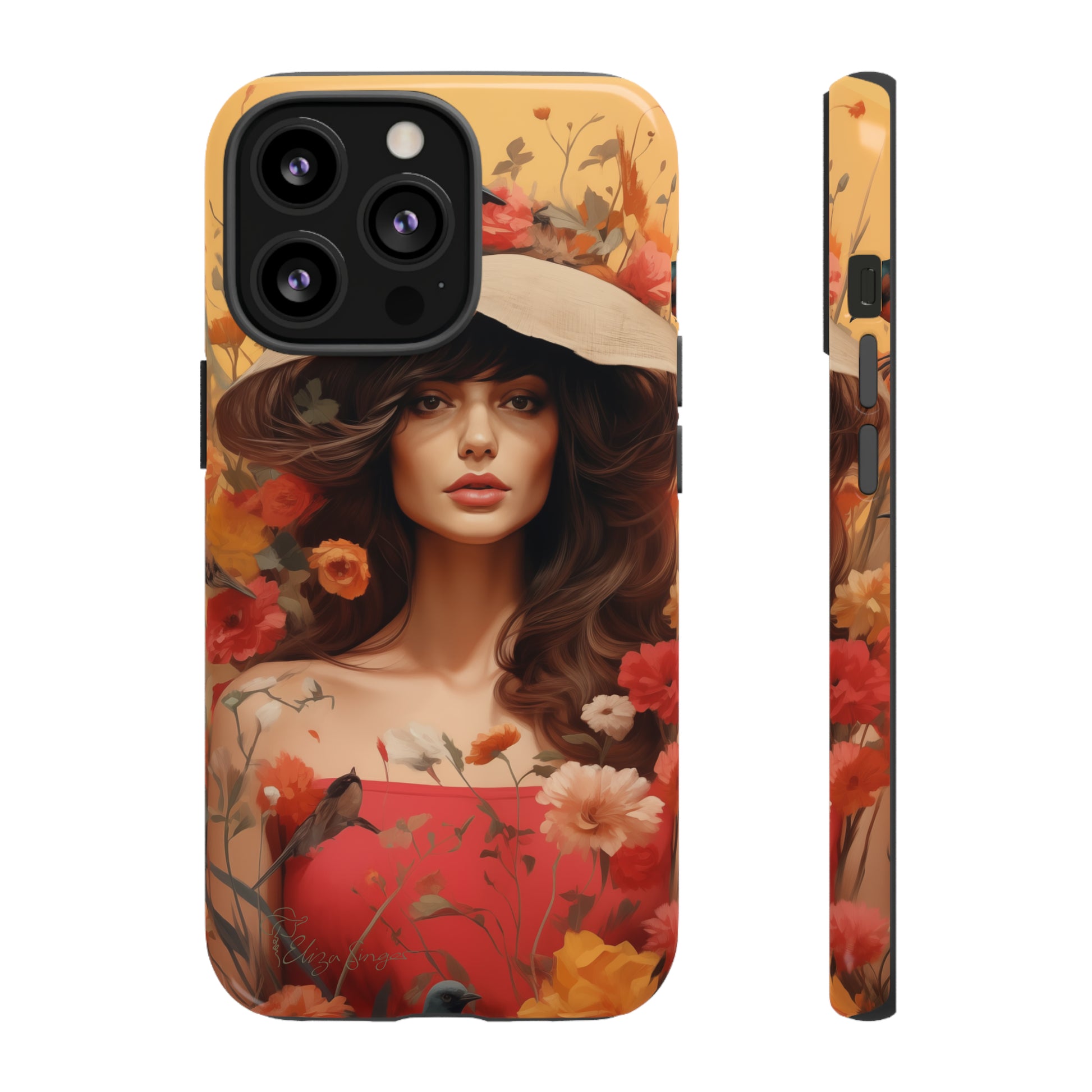 Bask in Sunshine: Embrace the warmth with our Tough Cell Phone Case. A yellow backdrop and a woman in a hat surrounded by flowers create a radiant design. Experience the perfect blend of style and protection, bringing sunshine into your everyday. Elevate your phone with a burst of brightness. #ElizaSinger #PhoneCase #SunshineRadiance