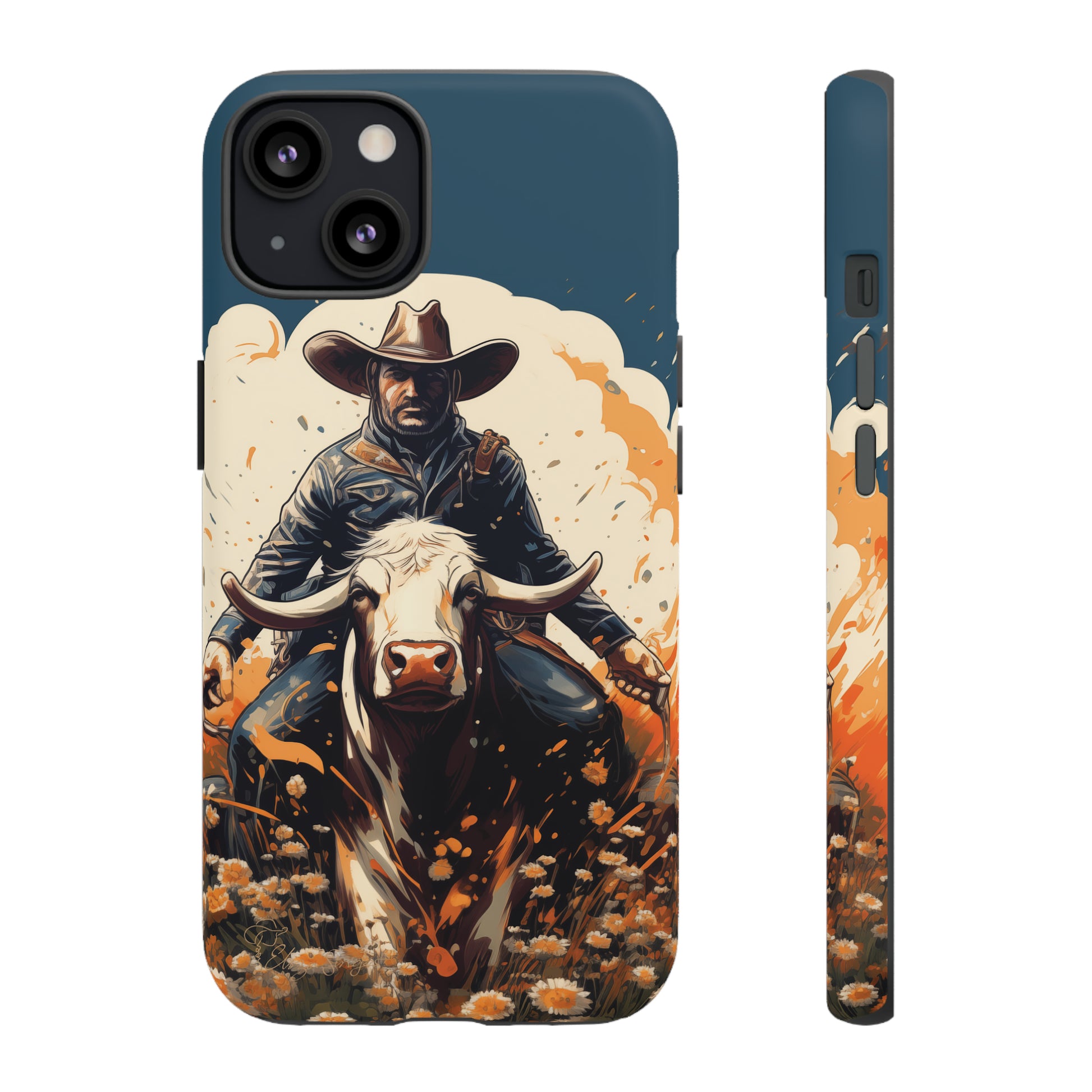 Time-Tested Charm: Immerse yourself in the charm of yesteryear with our Tough Cell Phone Case. Featuring a cowboy on a cow in a field of flowers, this design exudes retro vibes. Experience the perfect blend of vintage style and durable protection. Elevate your phone with a touch of timeless allure. #ElizaSinger #PhoneCase #VintageCharm