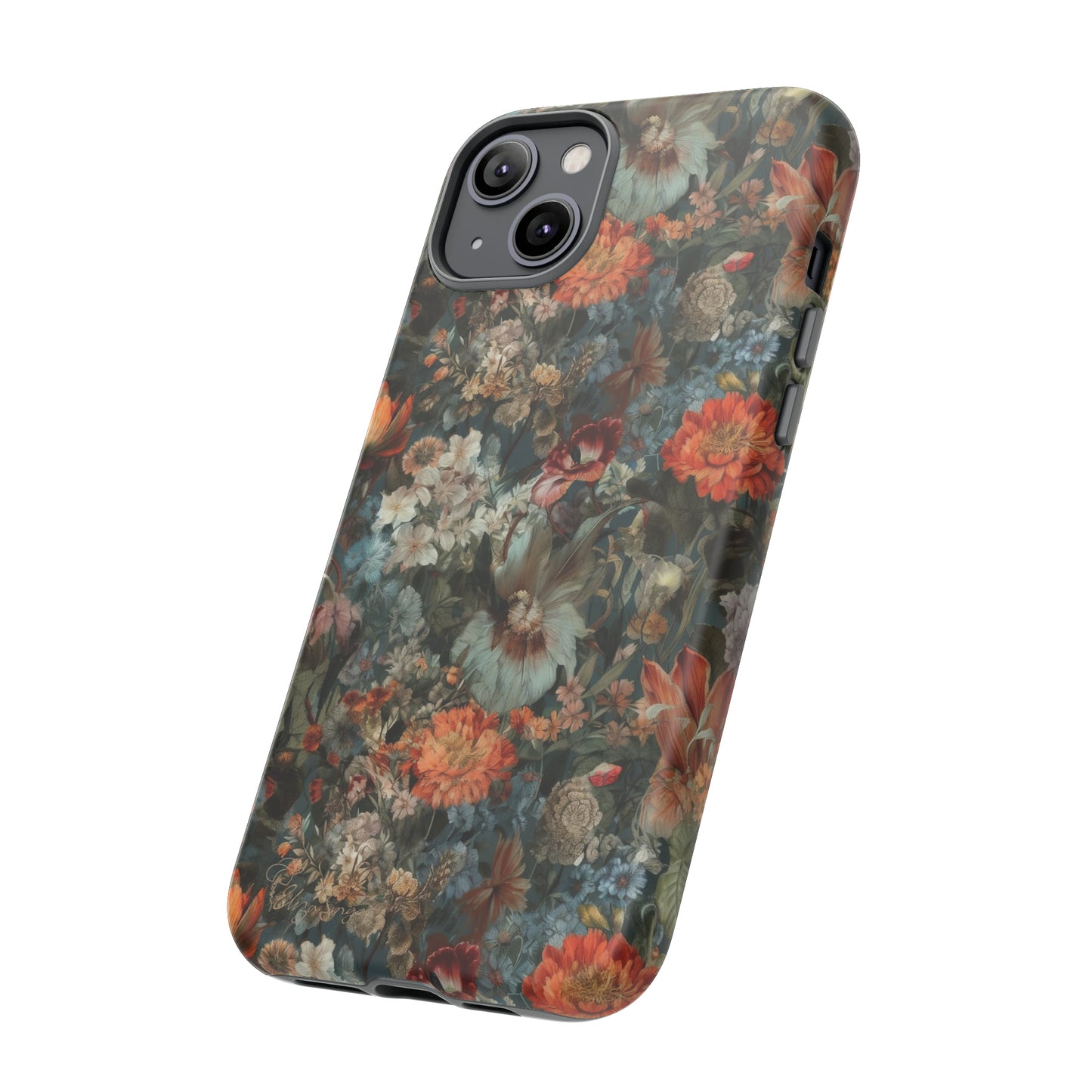 Blooms in Shadows: Botany Floral Dark Flowers iPhone Tough Protective Cover. A captivating blend of Flowers in muted colors, compatible with iPhone 15, 14, 13, XS, XR Pro/Max/Mini/P/Plus. Unleash Nature's Elegance with Durability and Style. #ElizaSinger #PhoneCase #FloralDesign