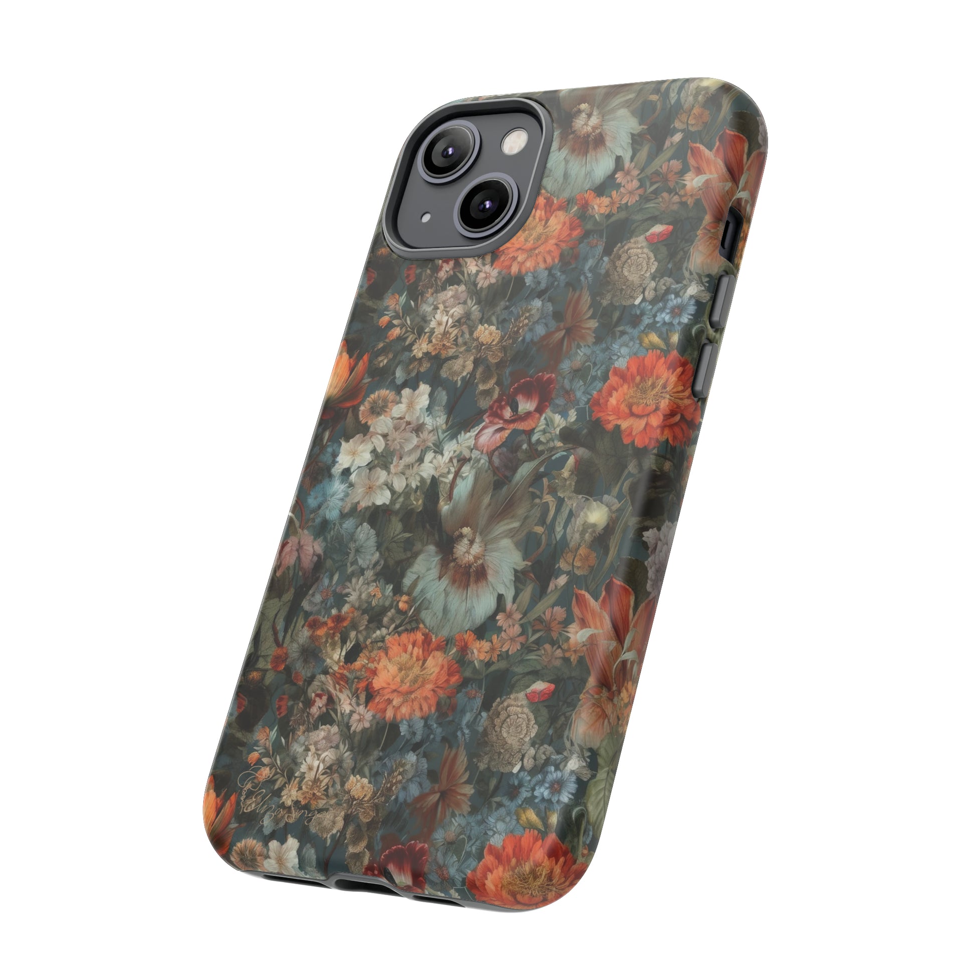 Blooms in Shadows: Botany Floral Dark Flowers iPhone Tough Protective Cover. A captivating blend of Flowers in muted colors, compatible with iPhone 15, 14, 13, XS, XR Pro/Max/Mini/P/Plus. Unleash Nature's Elegance with Durability and Style. #ElizaSinger #PhoneCase #FloralDesign