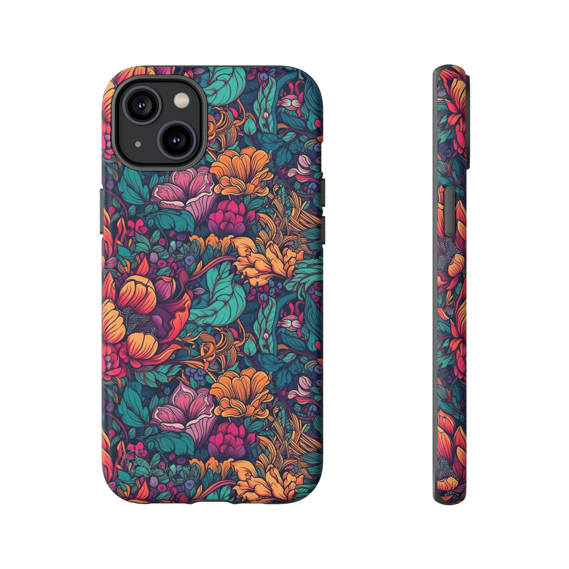 Vibrant Boho Blossoms: iPhone Tough Protective Cover. Featuring a bright abstract floral design, this case adds a touch of Bohemian flair. Compatible with iPhone 15, 14, 13, XS, XR Pro/Max/Mini/P/Plus. Embrace Boho Chic with Style and Durability. #ElizaSinger #PhoneCase #FloralDesign