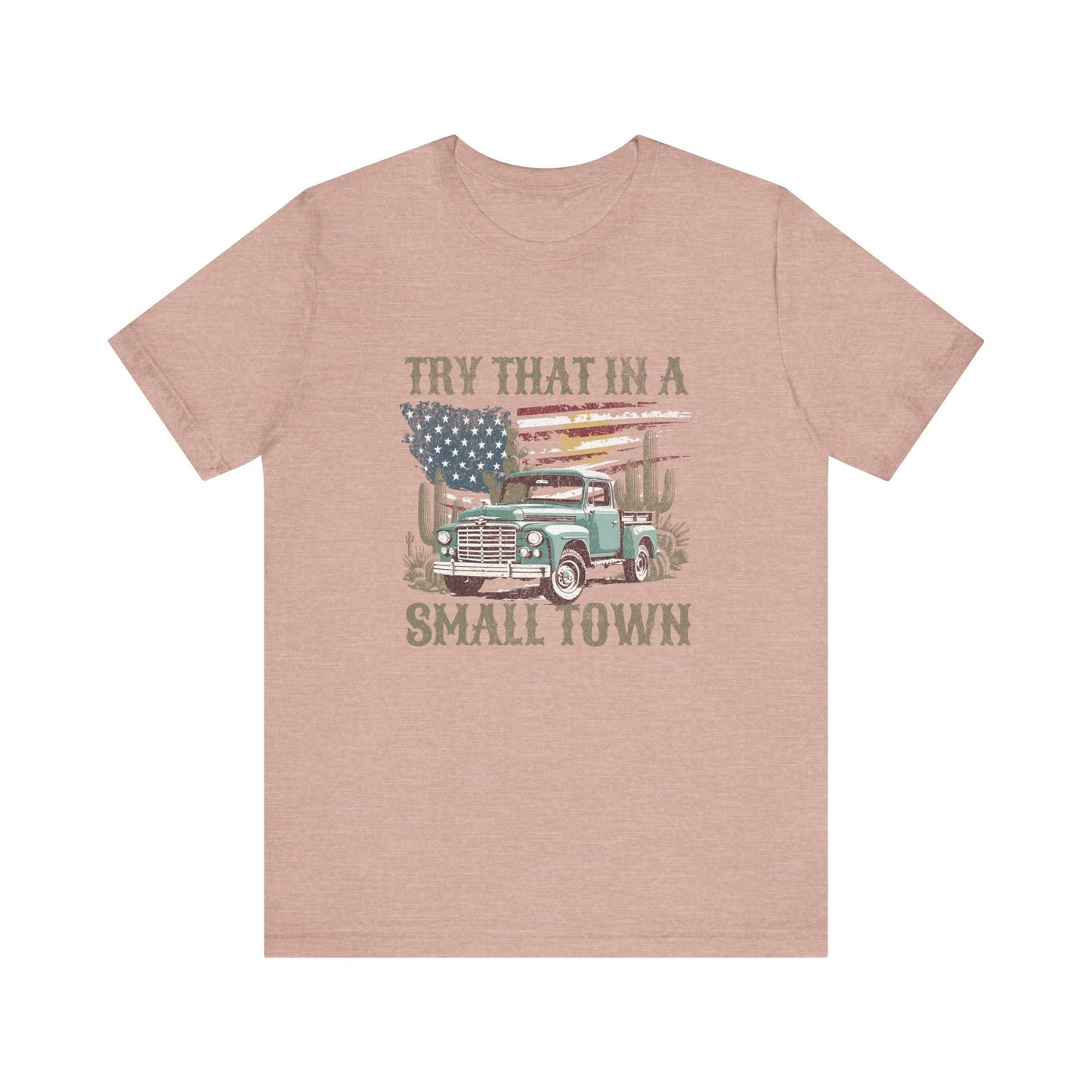 Small Town Pride: Bella Canvas T-shirt with Vintage Pickup and Flag