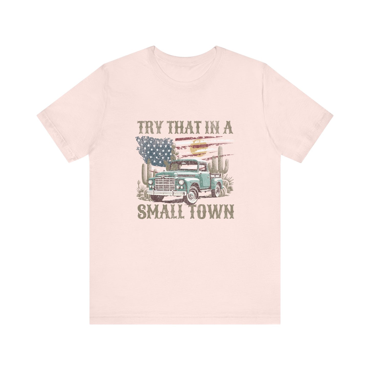 Small Town Pride: Bella Canvas T-shirt with Vintage Pickup and Flag