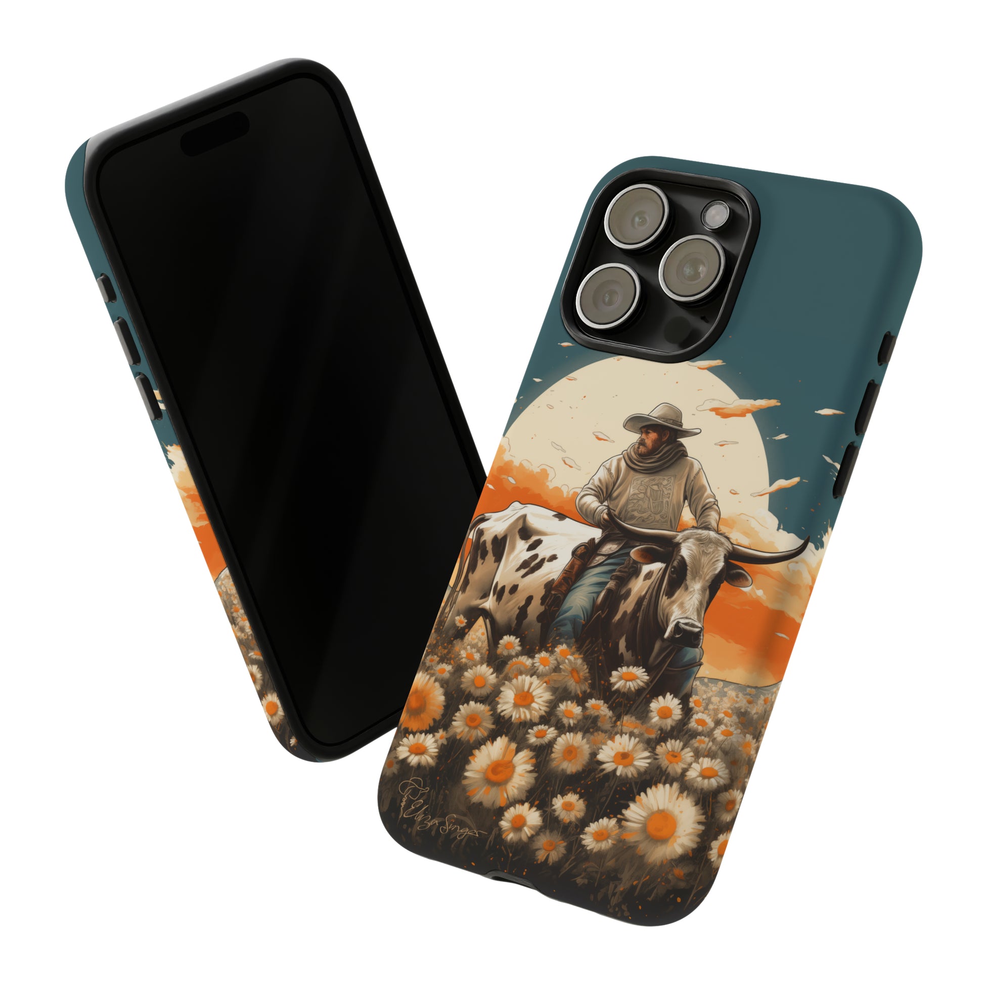Harmony of Contrasts: Dive into our Tough Cell Phone Case, a visual symphony featuring a bullrider on a black and white dairy cow amidst a vibrant field of flowers. This edition effortlessly merges toughness with artistic flair, offering a unique and captivating contrast. Elevate your phone with rugged elegance. #ElizaSinger #PhoneCase #ContrastHarmony