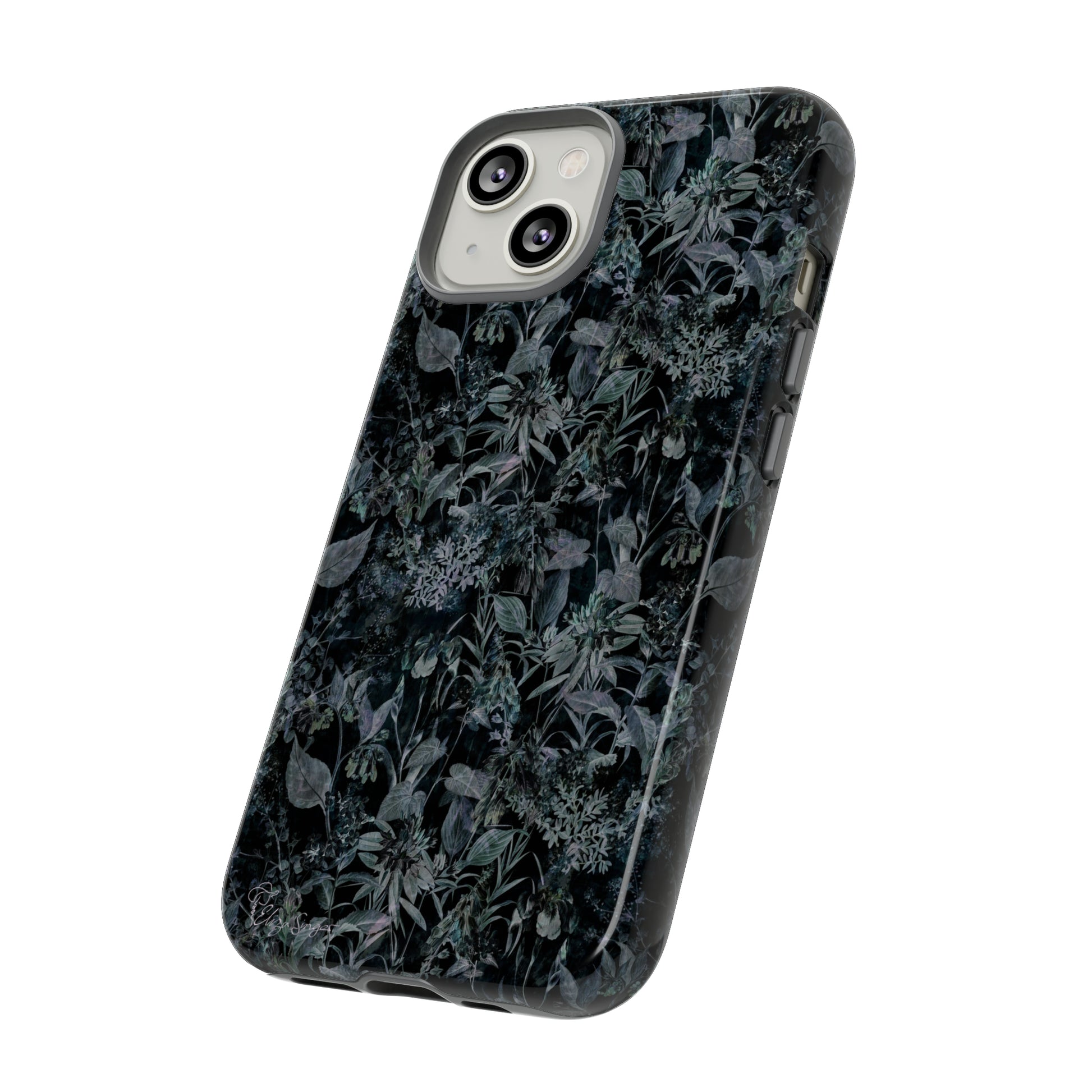 Blossom in Style: Botany Floral Dark Flowers Blue Denim iPhone Tough Protective Cover. This case features a Flower and Muted Grey Design, compatible with iPhone 15, 14, 13, XS, XR Pro/Max/Mini/P/Plus. Unleash Nature's Beauty with Style and Durability. #ElizaSinger #PhoneCase #FloralDesign