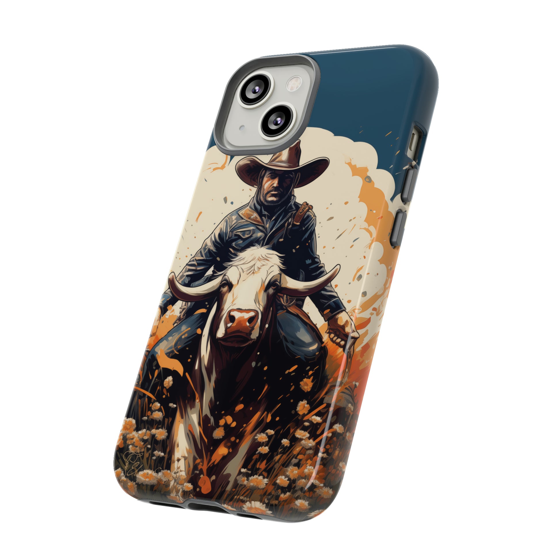 Time-Tested Charm: Immerse yourself in the charm of yesteryear with our Tough Cell Phone Case. Featuring a cowboy on a cow in a field of flowers, this design exudes retro vibes. Experience the perfect blend of vintage style and durable protection. Elevate your phone with a touch of timeless allure. #ElizaSinger #PhoneCase #VintageCharm