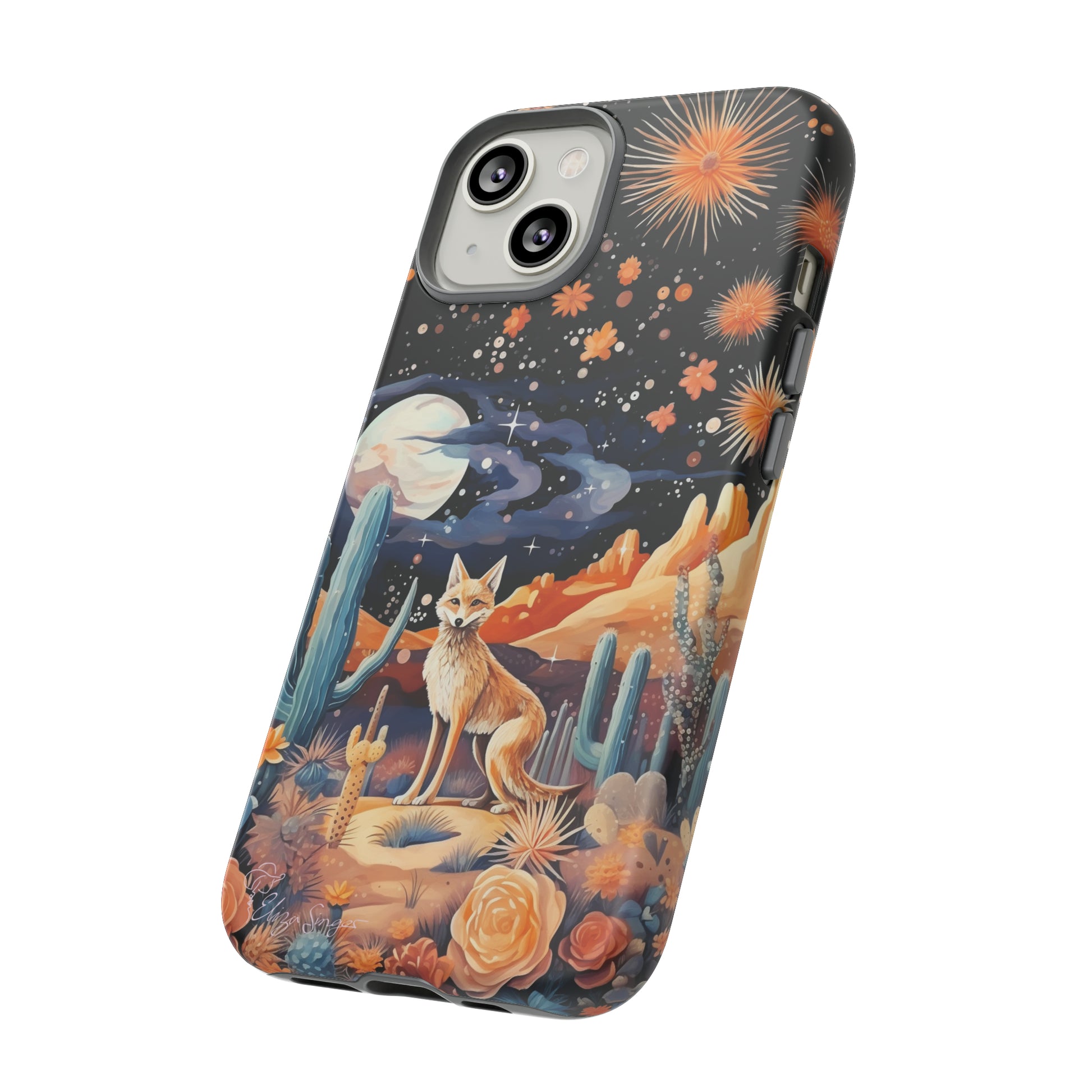 Introducing our Tough Western Cell Phone Case: Midnight Mirage Jackal Edition! Dive into the mysterious desert night with a striking depiction of a jackal, cacti, and a starry sky. This design offers the ideal combination of durability and desert charm.