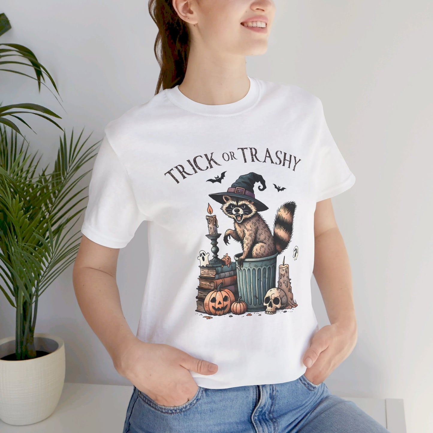 Trick or Trashy: Halloween Bella Canvas T-shirt with Raccoon