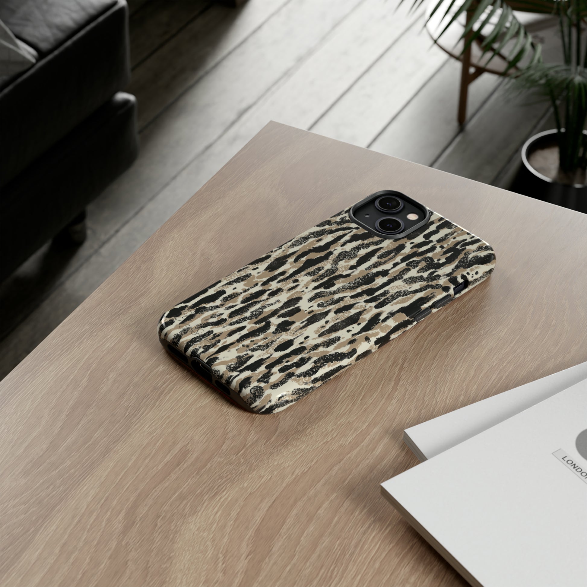 Elevate Your Tech: Abstract Neutral Animal Print iPhone Tough Protective Cover. Leopard-Painted Design in Beige and Black. Compatible with iPhone 15, 14, 13, XS, XR Pro/Max/Mini/P/Plus. Unleash the Wild with Style and Durability. #ElizaSinger #PhoneCase #LeopardPrint 