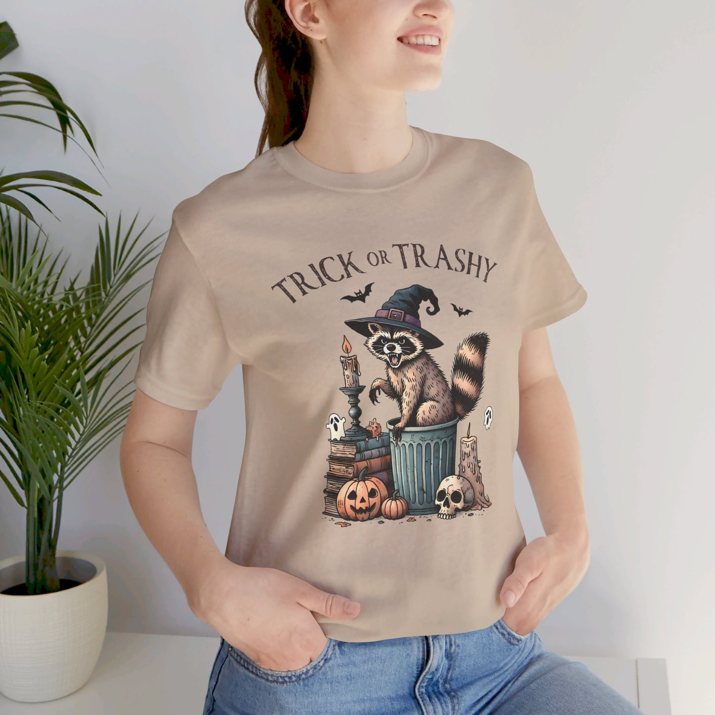 Trick or Trashy: Halloween Bella Canvas T-shirt with Raccoon