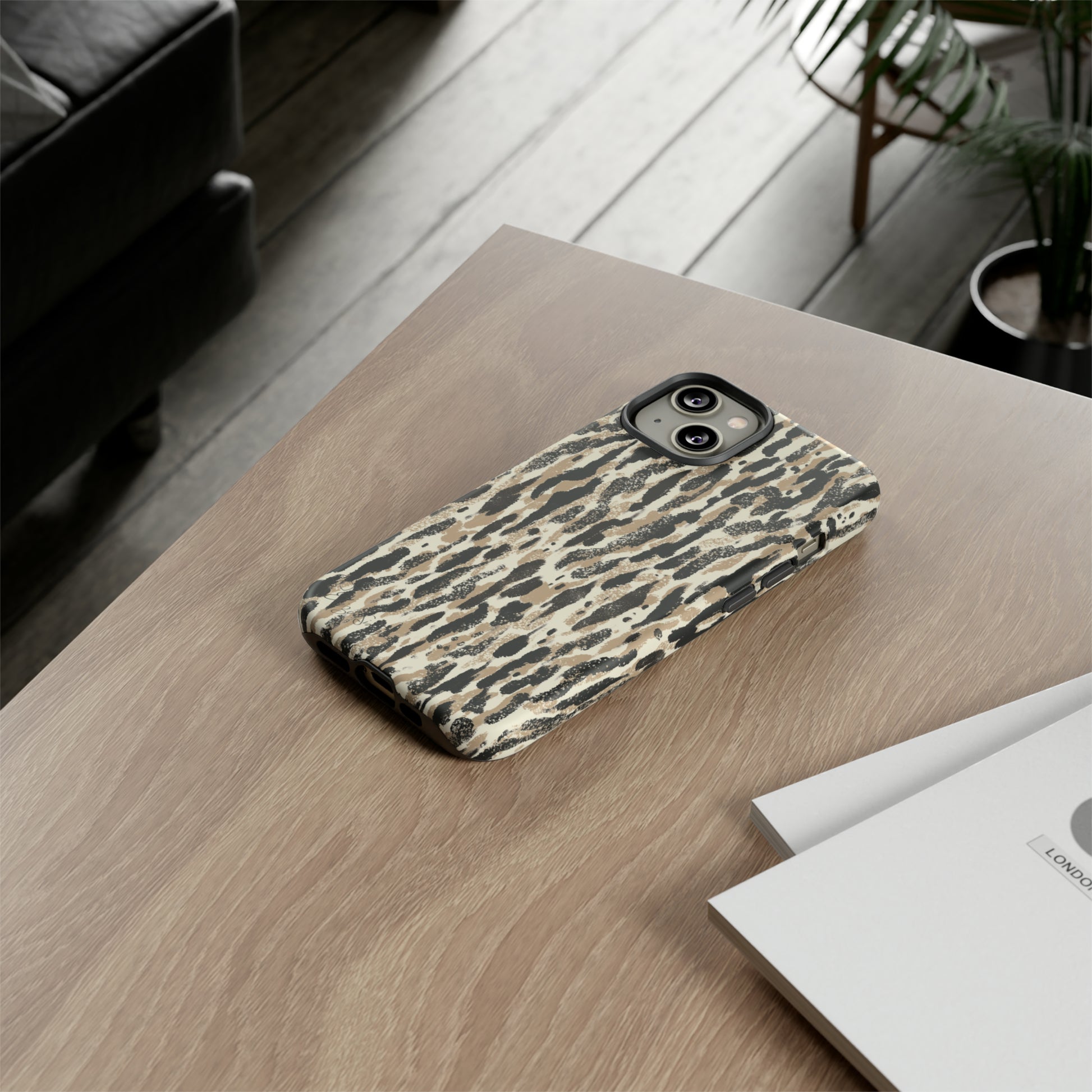 Elevate Your Tech: Abstract Neutral Animal Print iPhone Tough Protective Cover. Leopard-Painted Design in Beige and Black. Compatible with iPhone 15, 14, 13, XS, XR Pro/Max/Mini/P/Plus. Unleash the Wild with Style and Durability. #ElizaSinger #PhoneCase #LeopardPrint 