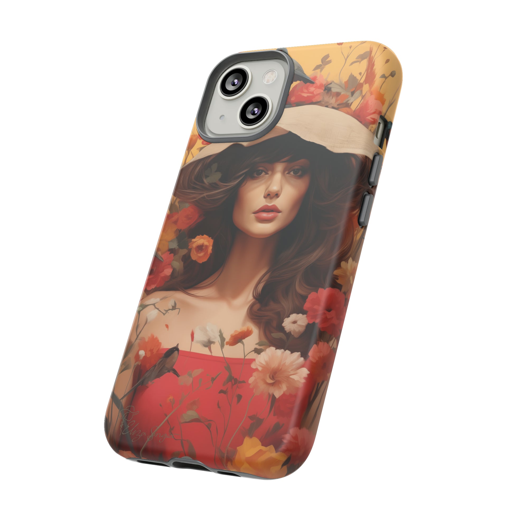 Bask in Sunshine: Embrace the warmth with our Tough Cell Phone Case. A yellow backdrop and a woman in a hat surrounded by flowers create a radiant design. Experience the perfect blend of style and protection, bringing sunshine into your everyday. Elevate your phone with a burst of brightness. #ElizaSinger #PhoneCase #SunshineRadiance