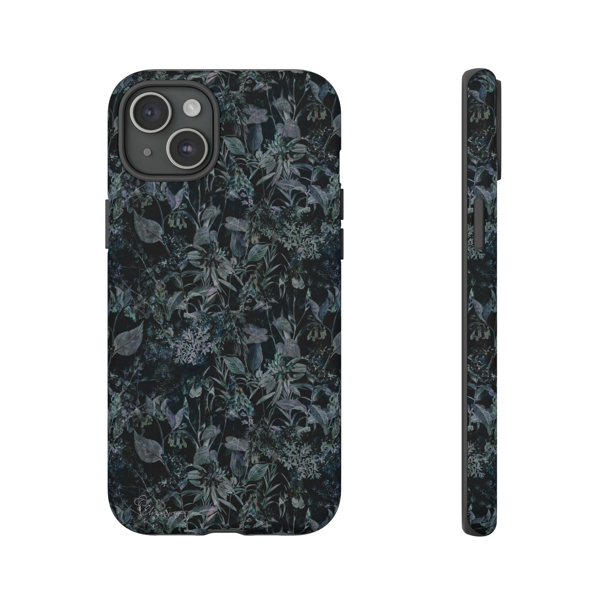 Blossom in Style: Botany Floral Dark Flowers Blue Denim iPhone Tough Protective Cover. This case features a Flower and Muted Grey Design, compatible with iPhone 15, 14, 13, XS, XR Pro/Max/Mini/P/Plus. Unleash Nature's Beauty with Style and Durability. #ElizaSinger #PhoneCase #FloralDesign