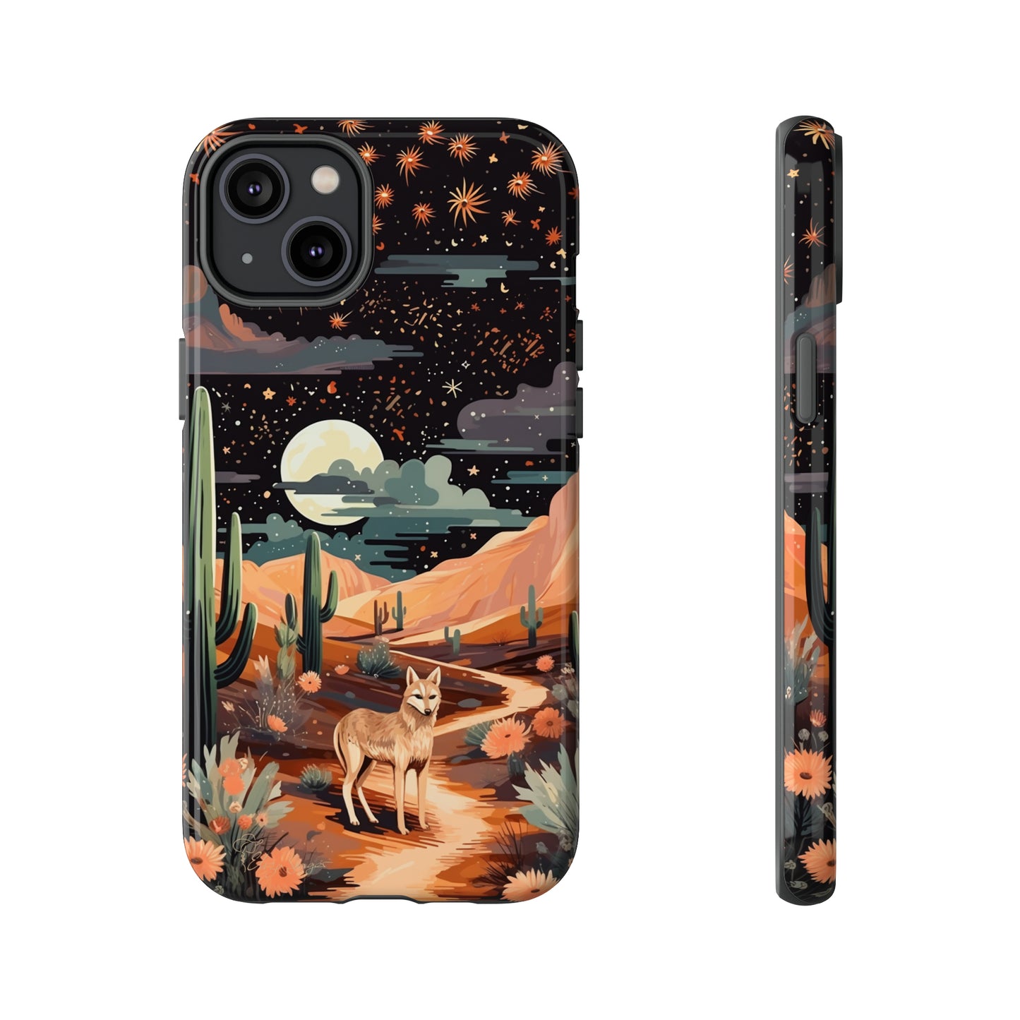 Introducing our Tough Western Cell Phone Case: Twilight Desert Jackal Remix Edition! A variation of our popular design, this edition features a jackal in a desert landscape with a starry night sky and cacti. Get ready for a unique twist on classic rugged protection.