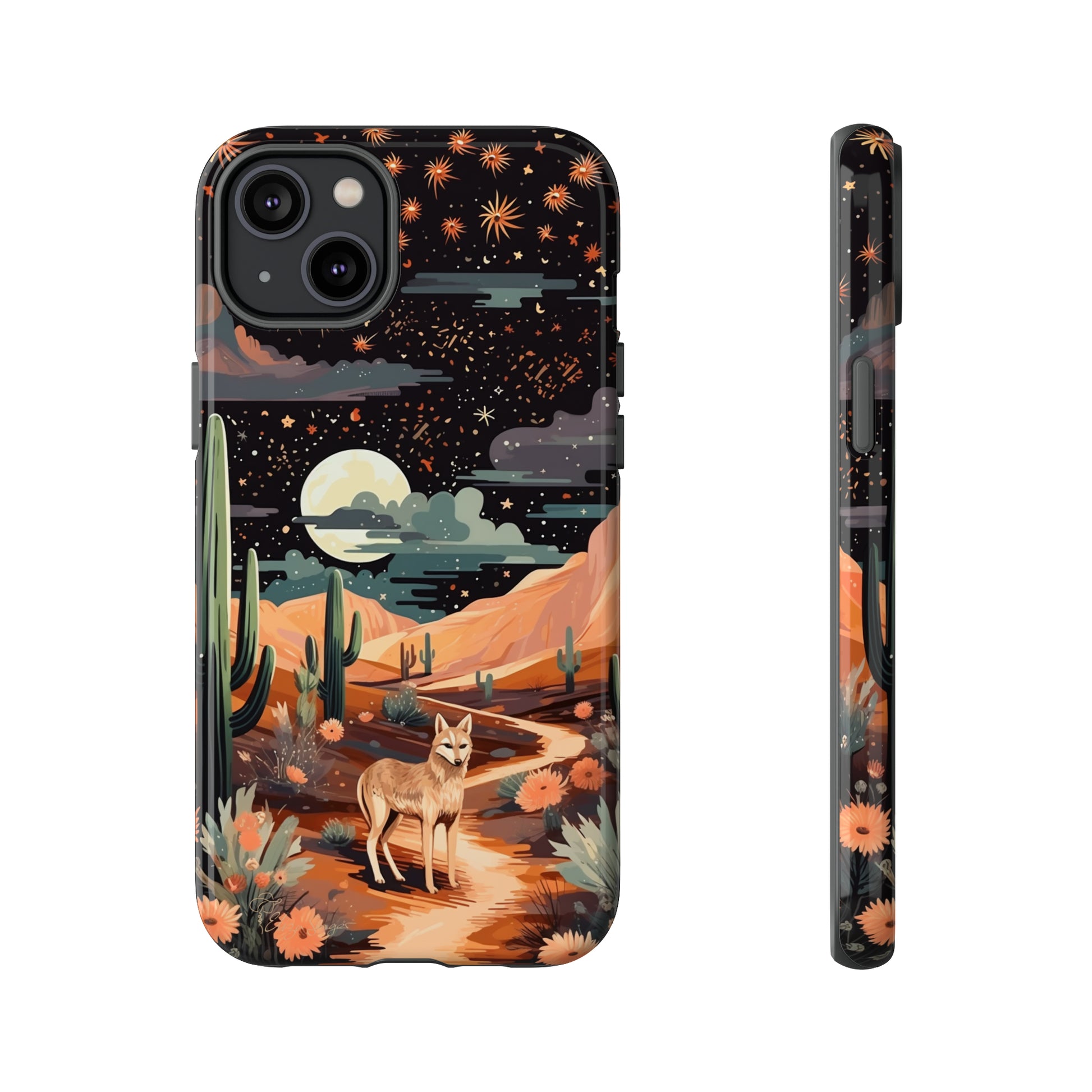 Introducing our Tough Western Cell Phone Case: Twilight Desert Jackal Remix Edition! A variation of our popular design, this edition features a jackal in a desert landscape with a starry night sky and cacti. Get ready for a unique twist on classic rugged protection.