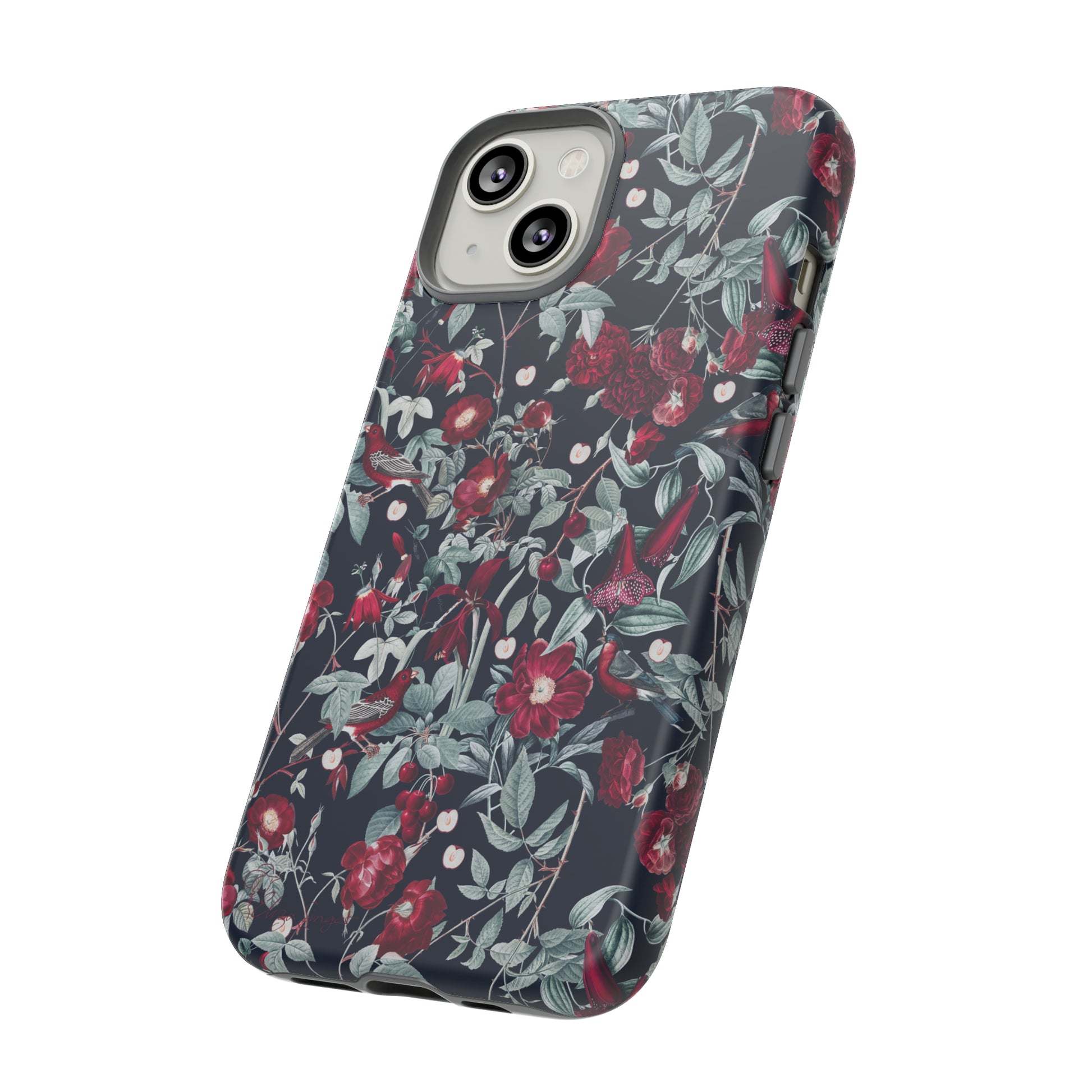 Blossom Serenade: Cherry Blossom Serenade Burgundy Navy Dark iPhone Tough Protective Cover. A captivating blend of Flowers in burgundy and navy hues, featuring a muted design. Compatible with iPhone 15, 14, 13, XS, XR Pro/Max/Mini/P/Plus. Elevate your device with this enchanting and stylish protective cover. #ElizaSinger #PhoneCase #FloralDesign