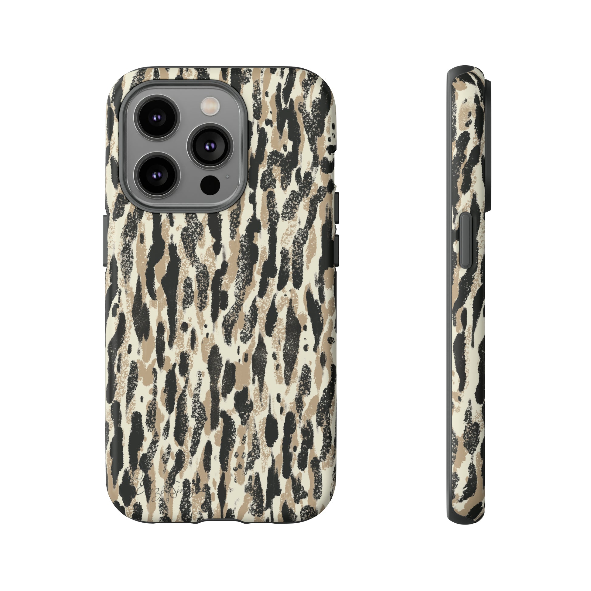 Elevate Your Tech: Abstract Neutral Animal Print iPhone Tough Protective Cover. Leopard-Painted Design in Beige and Black. Compatible with iPhone 15, 14, 13, XS, XR Pro/Max/Mini/P/Plus. Unleash the Wild with Style and Durability. #ElizaSinger #PhoneCase #LeopardPrint 