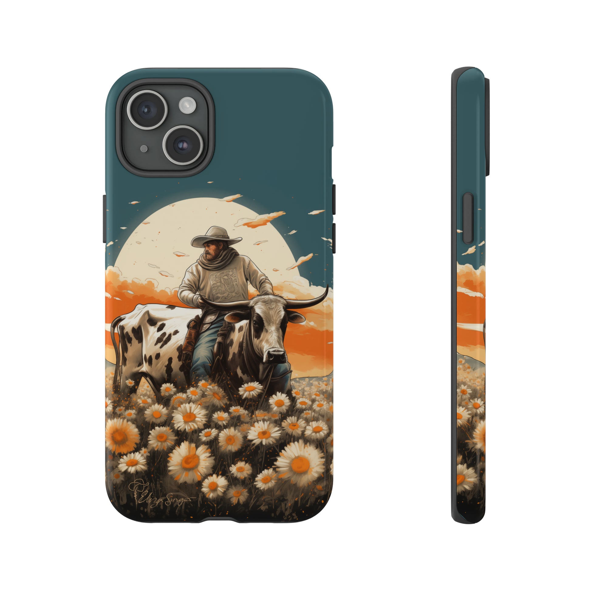 Harmony of Contrasts: Dive into our Tough Cell Phone Case, a visual symphony featuring a bullrider on a black and white dairy cow amidst a vibrant field of flowers. This edition effortlessly merges toughness with artistic flair, offering a unique and captivating contrast. Elevate your phone with rugged elegance. #ElizaSinger #PhoneCase #ContrastHarmony