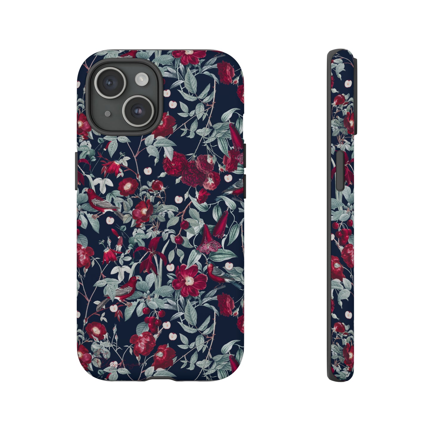 Blossom Serenade: Cherry Blossom Serenade Burgundy Navy Dark iPhone Tough Protective Cover. A captivating blend of Flowers in burgundy and navy hues, featuring a muted design. Compatible with iPhone 15, 14, 13, XS, XR Pro/Max/Mini/P/Plus. Elevate your device with this enchanting and stylish protective cover. #ElizaSinger #PhoneCase #FloralDesign