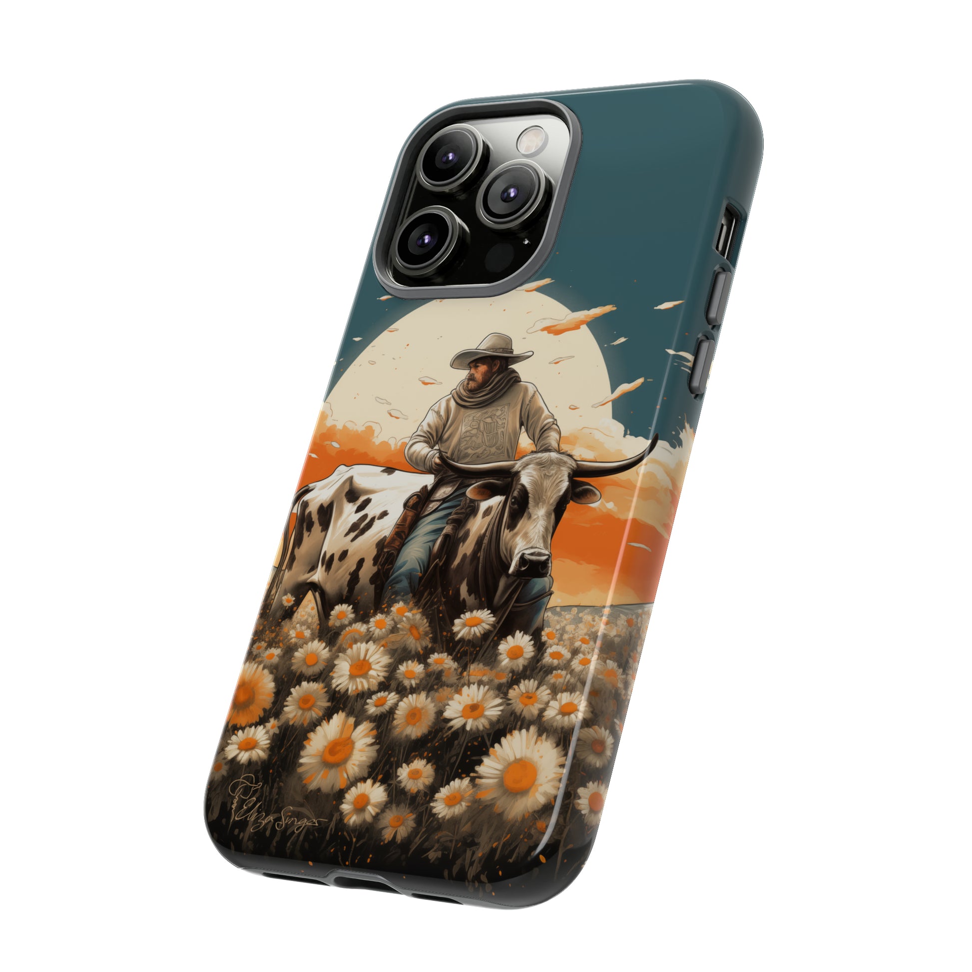 Harmony of Contrasts: Dive into our Tough Cell Phone Case, a visual symphony featuring a bullrider on a black and white dairy cow amidst a vibrant field of flowers. This edition effortlessly merges toughness with artistic flair, offering a unique and captivating contrast. Elevate your phone with rugged elegance. #ElizaSinger #PhoneCase #ContrastHarmony