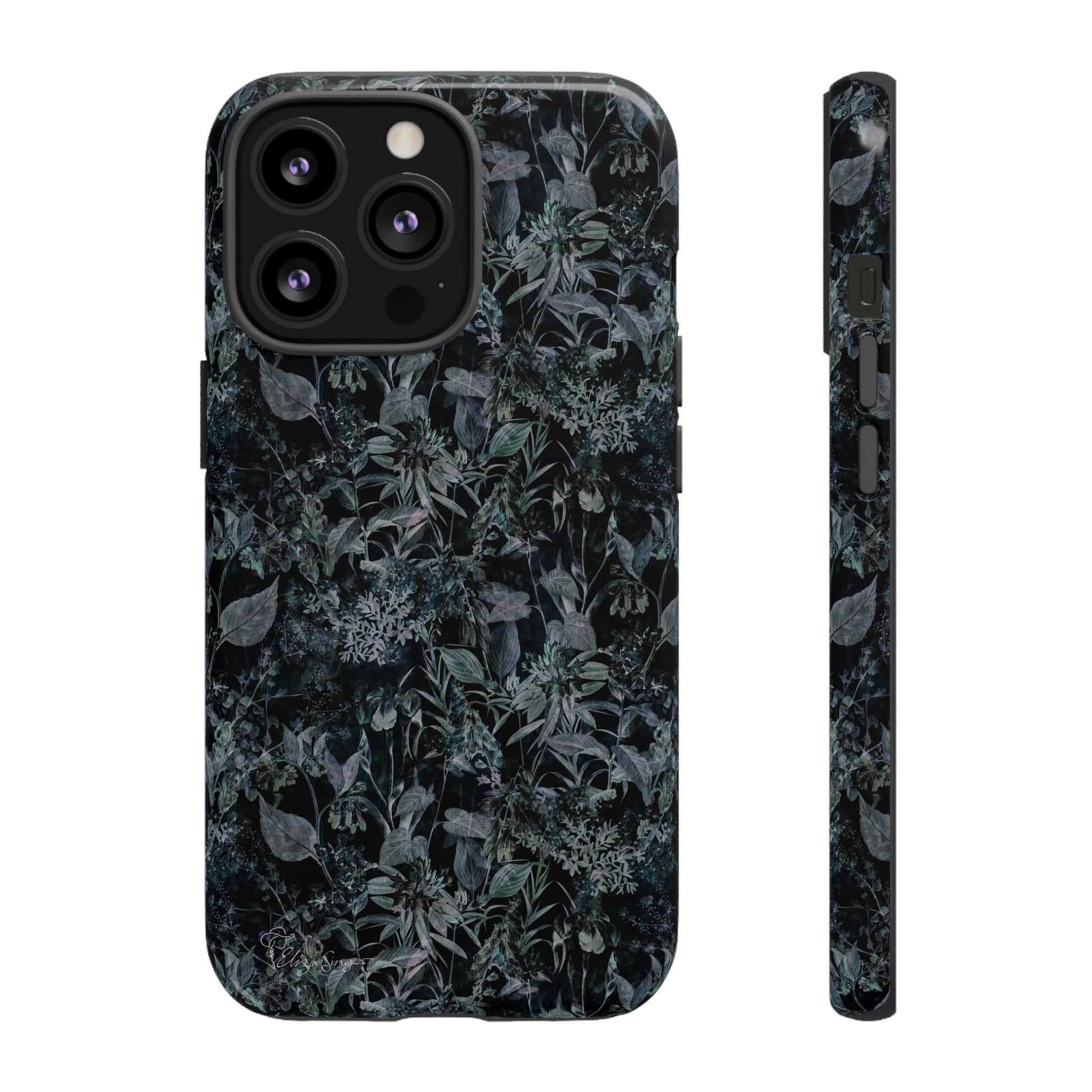 Blossom in Style: Botany Floral Dark Flowers Blue Denim iPhone Tough Protective Cover. This case features a Flower and Muted Grey Design, compatible with iPhone 15, 14, 13, XS, XR Pro/Max/Mini/P/Plus. Unleash Nature's Beauty with Style and Durability. #ElizaSinger #PhoneCase #FloralDesign