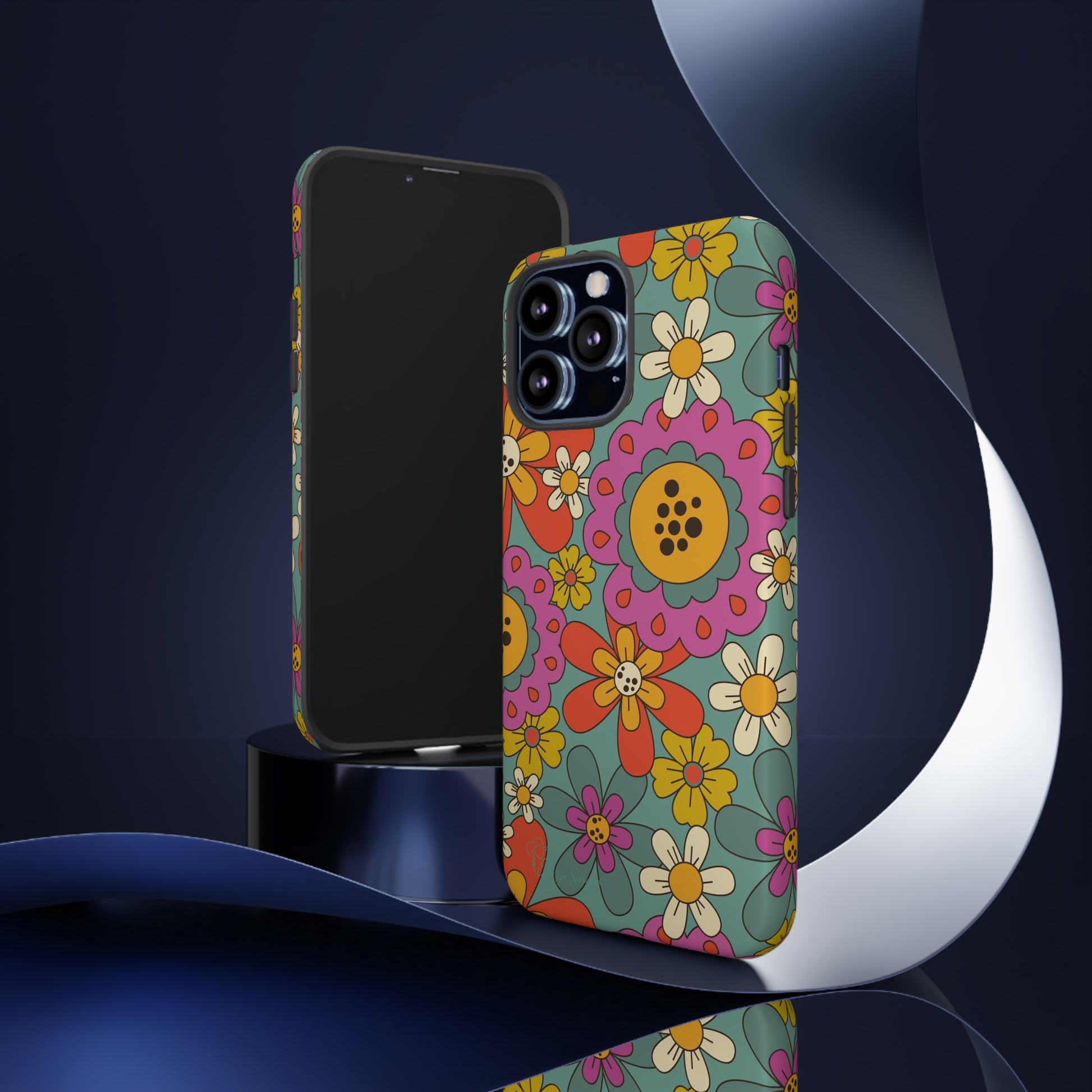 Step into the Groove: Groovy Hippie Hippy Design iPhone Tough Protective Cover. A nod to the 60's with Daisy Design in Turquoise and Pink. Compatible with iPhone 15, 14, 13, XS, XR Pro/Max/Mini/P/Plus. Embrace Retro Vibes with Style and Durability. #ElizaSinger #PhoneCase #GroovyDesign 