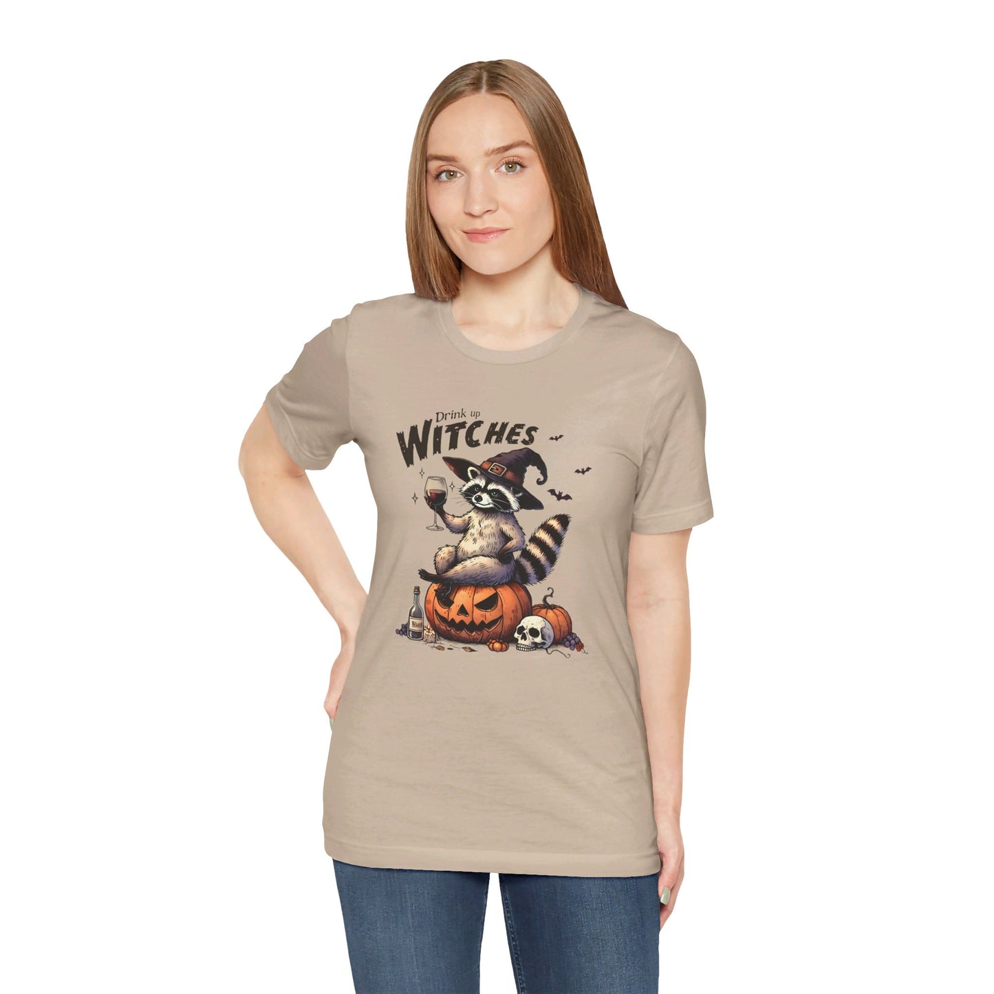 Drink Up Witches: Halloween Bella Canvas T-shirt with Raccoon