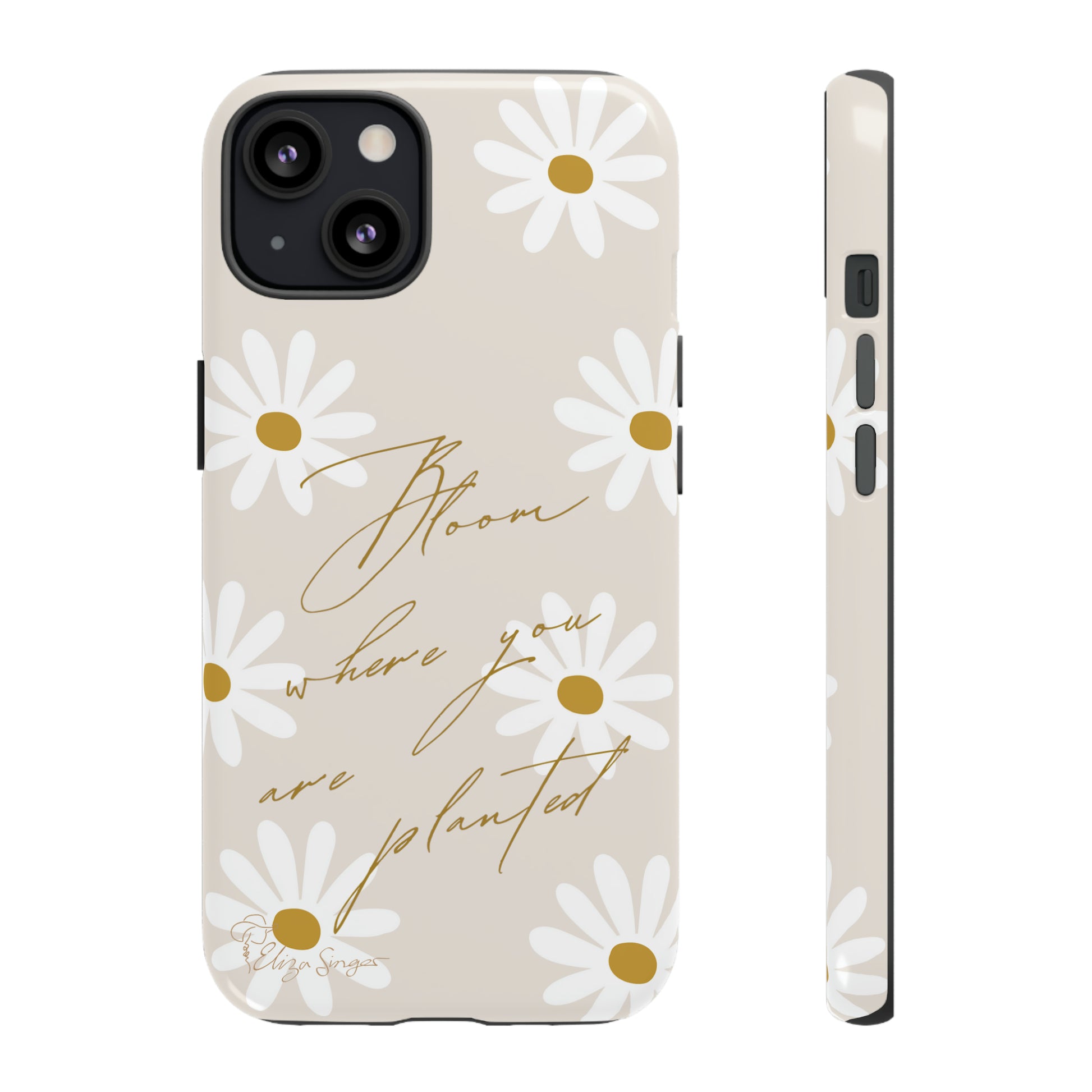Sunny Boho Blooms: Boho Flower Daisy iPhone Tough Protective Case. A lively fusion of Flowers, Boho, and floral daisies design. Compatible with iPhone 15, 14, 13, XS, XR Pro/Max/Mini/P/Plus. Elevate Your Device with Bohemian Charm and Durability. #ElizaSinger #PhoneCase #FloralDesign