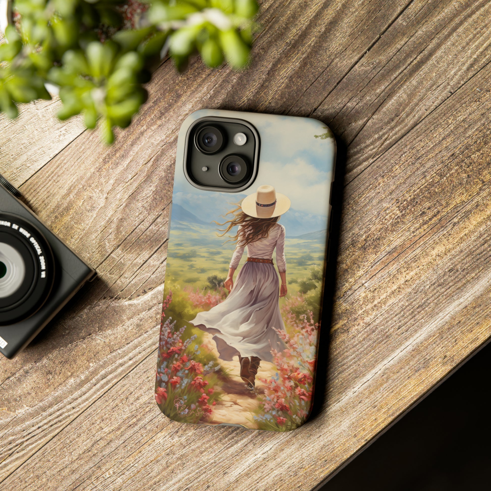Embrace Whimsical Protection: Tough Western Cell Phone Case by Eliza Singer. Step into a World of Enchantment with a Stylish Woman Amidst Nature's Beauty. Safeguard Your Phone with Artistic Charm. #ElizaSinger #PhoneCase #WesternStyle 