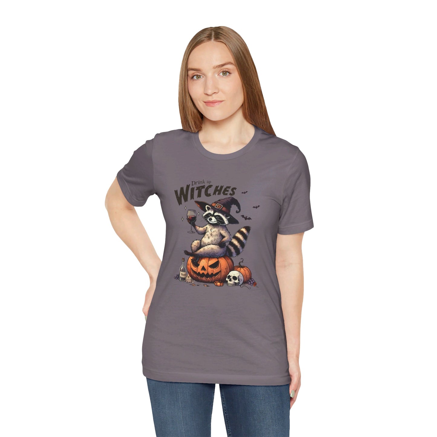 Drink Up Witches: Halloween Bella Canvas T-shirt with Raccoon