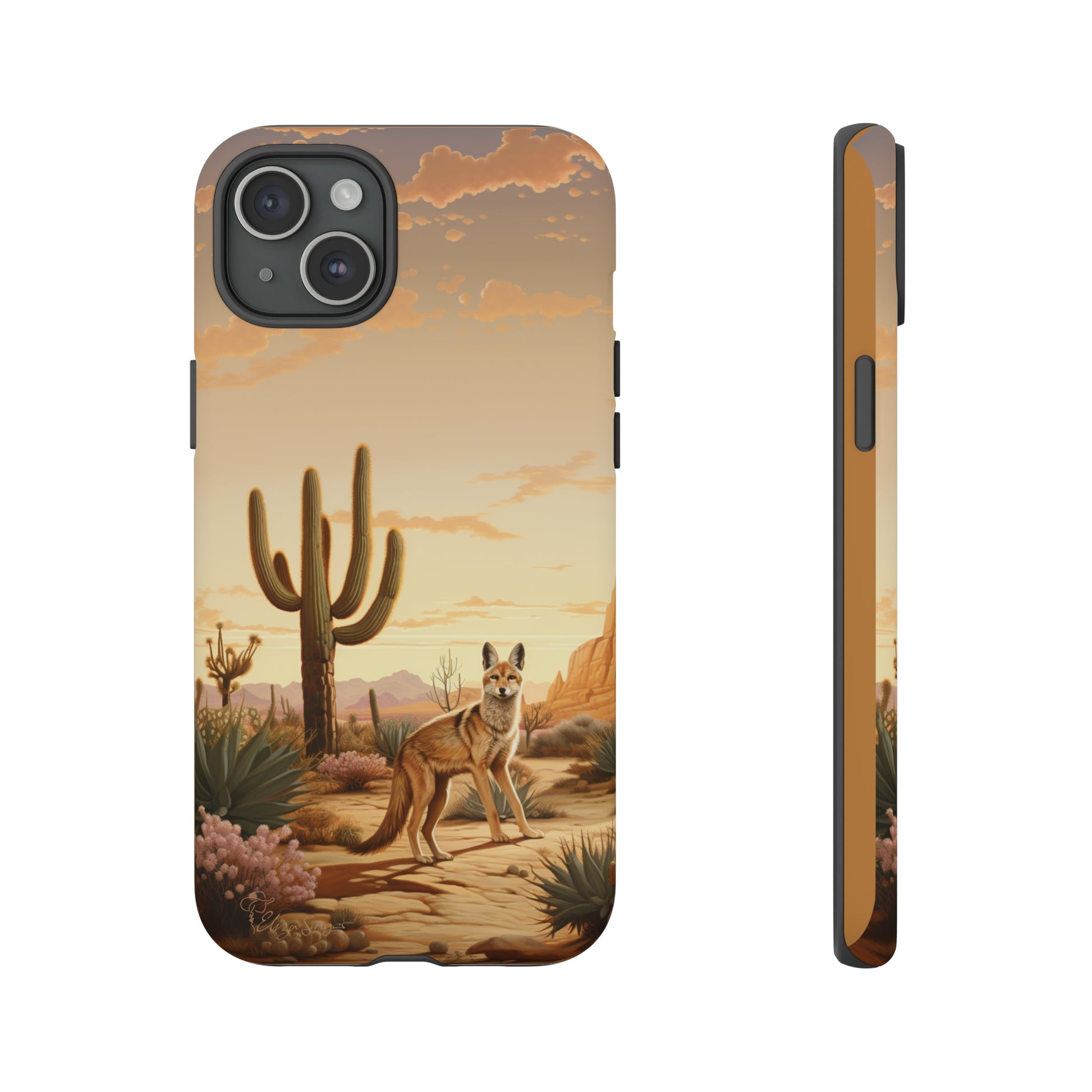 Unveiling our Western Tough Cell Phone Case: Dusk Jackal Oasis Edition! Witness the beauty of dusk with a jackal in a desert landscape next to a cactus. This design offers both rugged protection and a touch of twilight elegance.