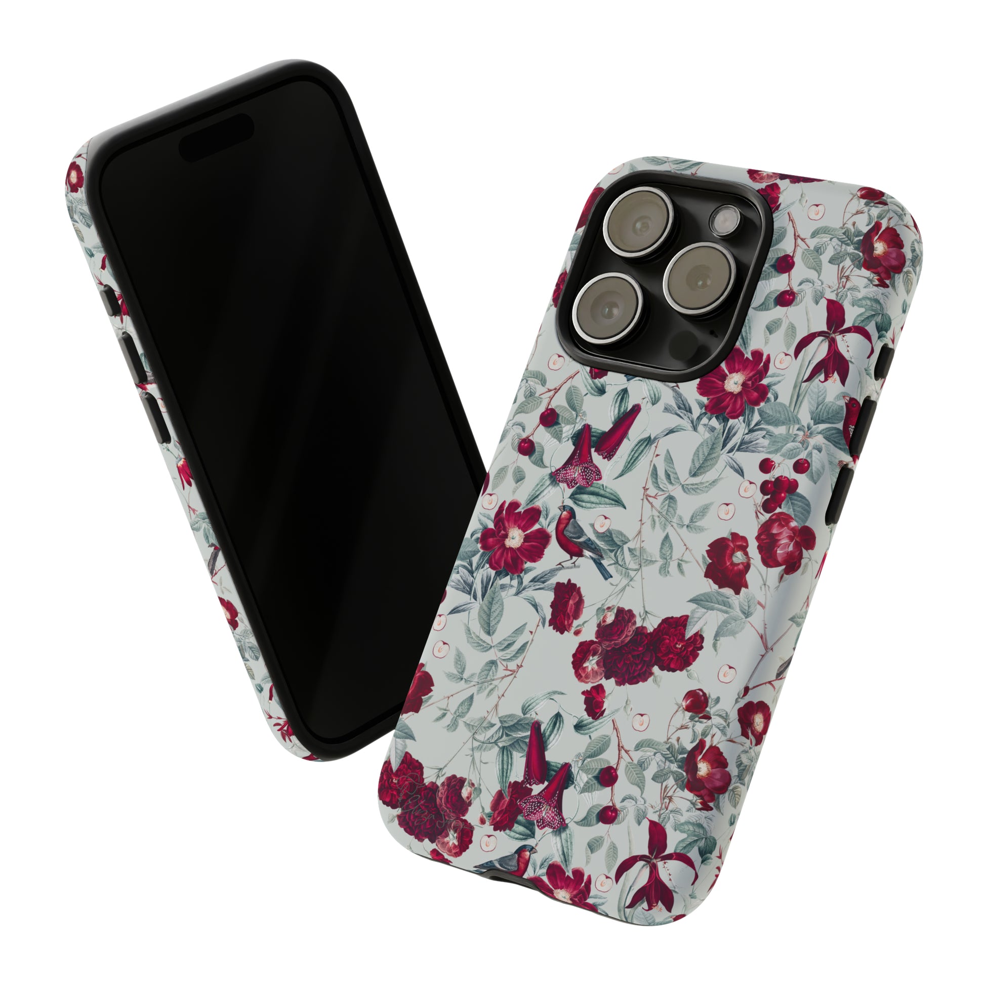 Cherry Blossom Serenade: Cherish nature's beauty with 'Cherry Blossom Serenade.' This iPhone case features flowers and burgundy birds on a blue background, creating a captivating floral wildlife bird and flower design. Elevate your device with this enchanting and stylish protective cover. #ElizaSinger #PhoneCase #FloralDesign