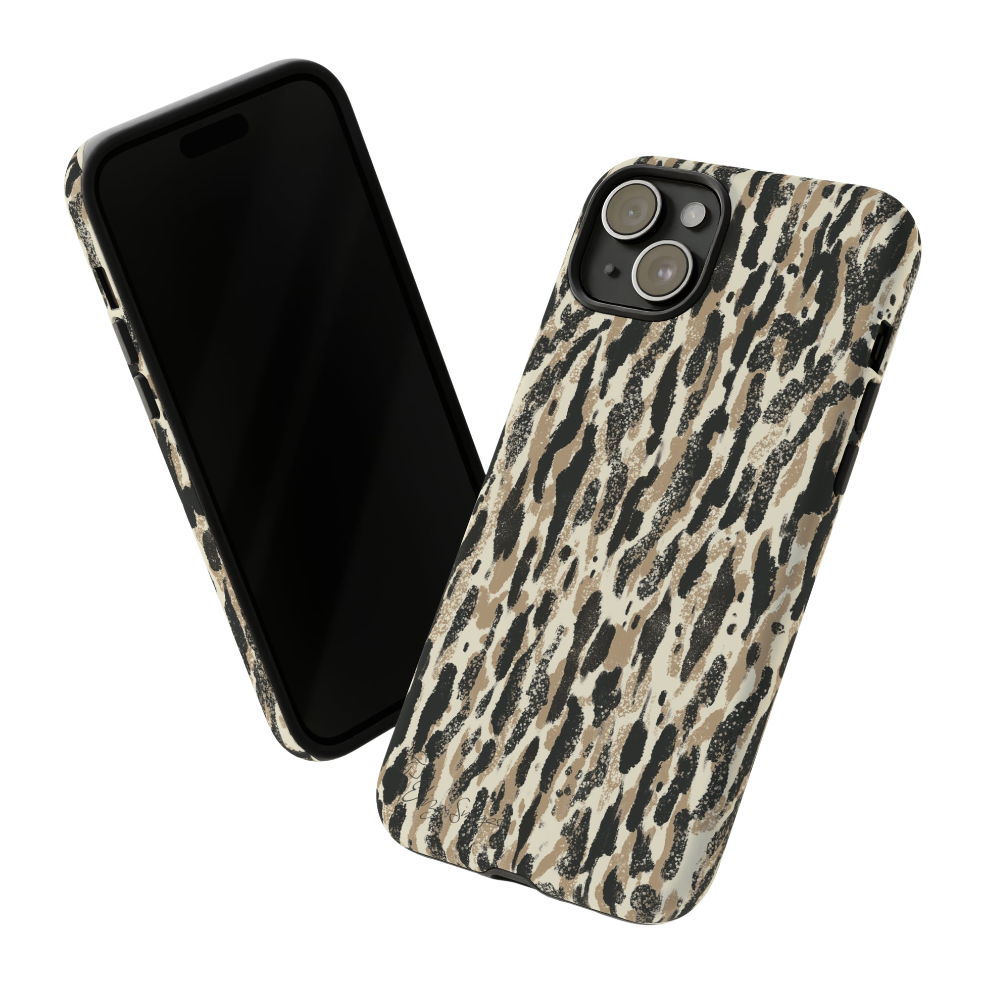 Elevate Your Tech: Abstract Neutral Animal Print iPhone Tough Protective Cover. Leopard-Painted Design in Beige and Black. Compatible with iPhone 15, 14, 13, XS, XR Pro/Max/Mini/P/Plus. Unleash the Wild with Style and Durability. #ElizaSinger #PhoneCase #LeopardPrint 