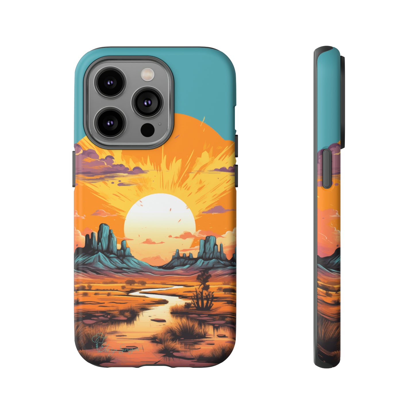 Introducing our Tough Western Cell Phone Case: Turquoise Twilight Oasis Edition! This captivating design showcases a serene landscape with a turquoise background and a mesmerizing setting sun. Enjoy the perfect blend of rugged protection and artistic flair.