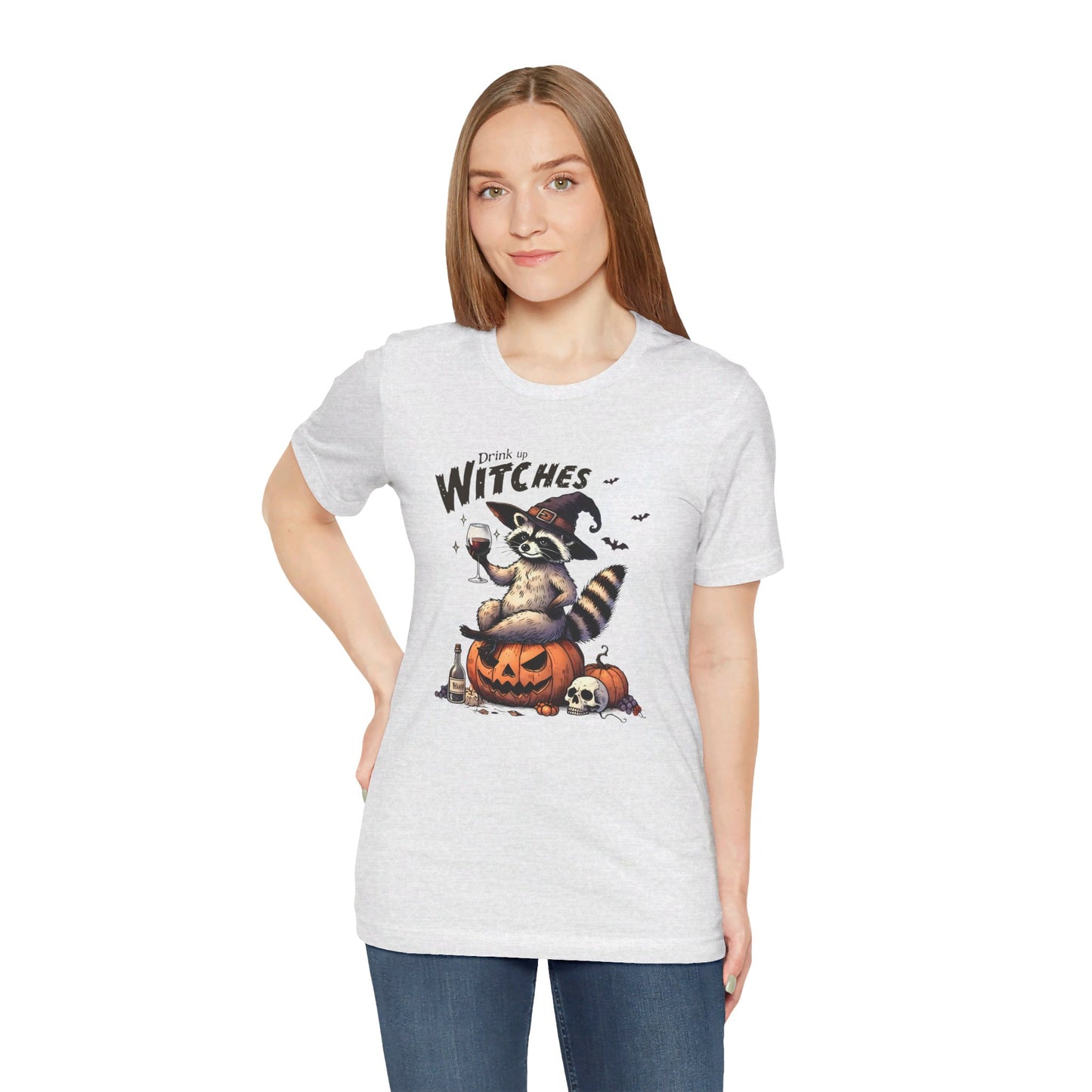 Drink Up Witches: Halloween Bella Canvas T-shirt with Raccoon