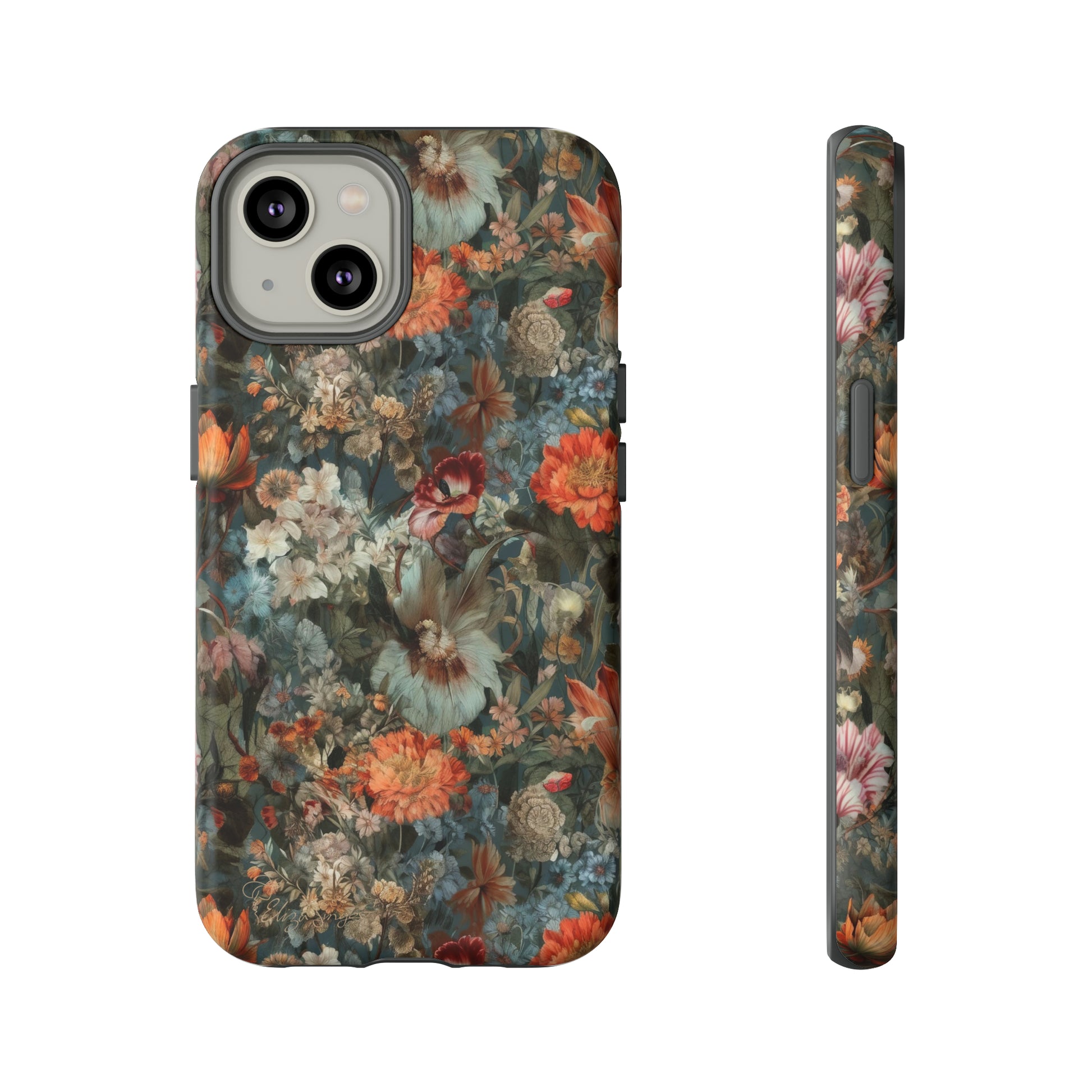 Blooms in Shadows: Botany Floral Dark Flowers iPhone Tough Protective Cover. A captivating blend of Flowers in muted colors, compatible with iPhone 15, 14, 13, XS, XR Pro/Max/Mini/P/Plus. Unleash Nature's Elegance with Durability and Style. #ElizaSinger #PhoneCase #FloralDesign