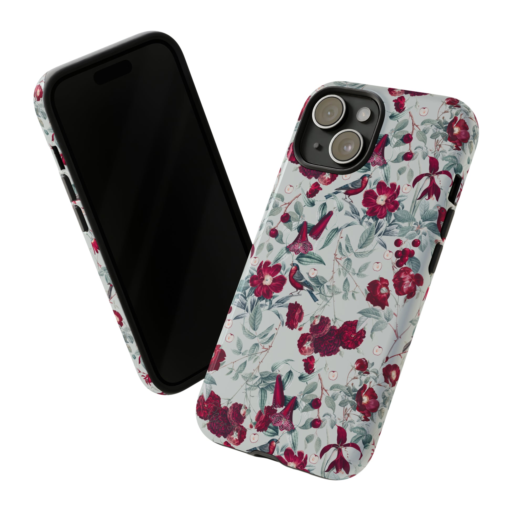 Cherry Blossom Serenade: Cherish nature's beauty with 'Cherry Blossom Serenade.' This iPhone case features flowers and burgundy birds on a blue background, creating a captivating floral wildlife bird and flower design. Elevate your device with this enchanting and stylish protective cover. #ElizaSinger #PhoneCase #FloralDesign