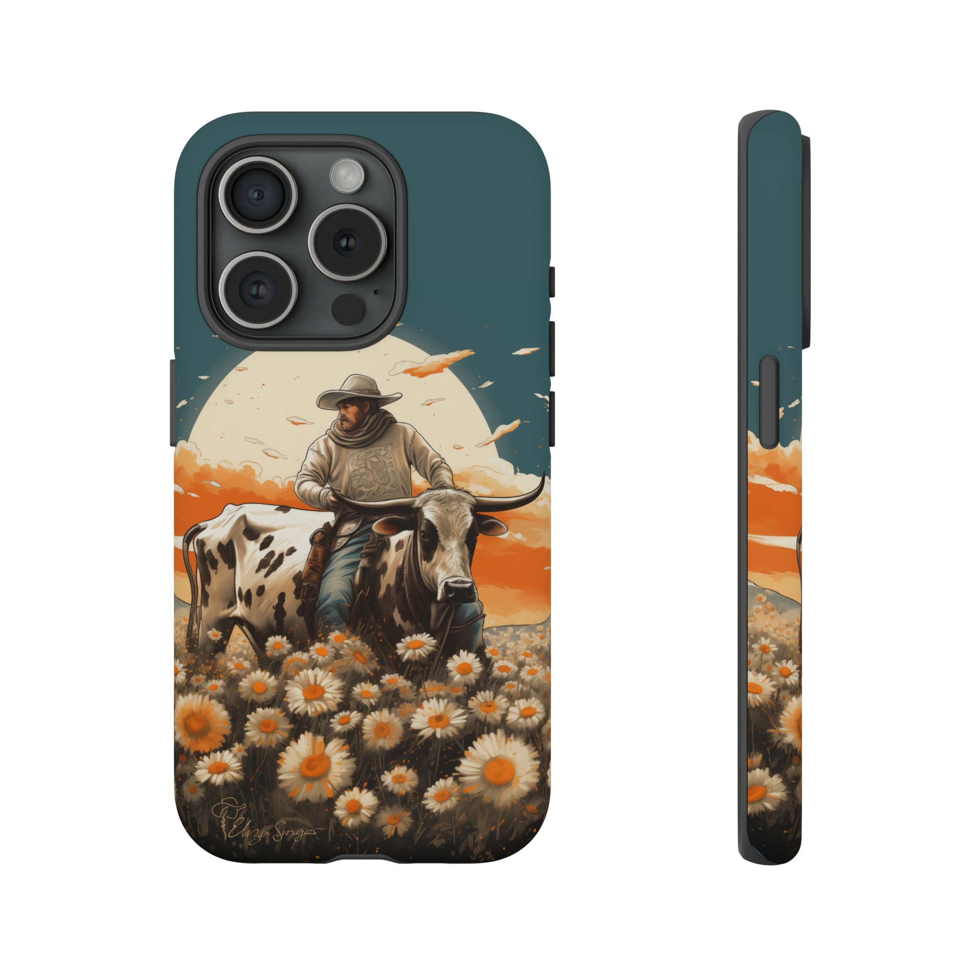 Harmony of Contrasts: Dive into our Tough Cell Phone Case, a visual symphony featuring a bullrider on a black and white dairy cow amidst a vibrant field of flowers. This edition effortlessly merges toughness with artistic flair, offering a unique and captivating contrast. Elevate your phone with rugged elegance. #ElizaSinger #PhoneCase #ContrastHarmony