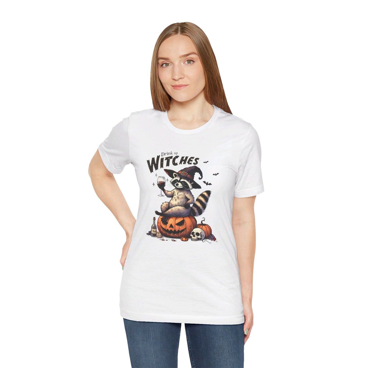 Drink Up Witches: Halloween Bella Canvas T-shirt with Raccoon