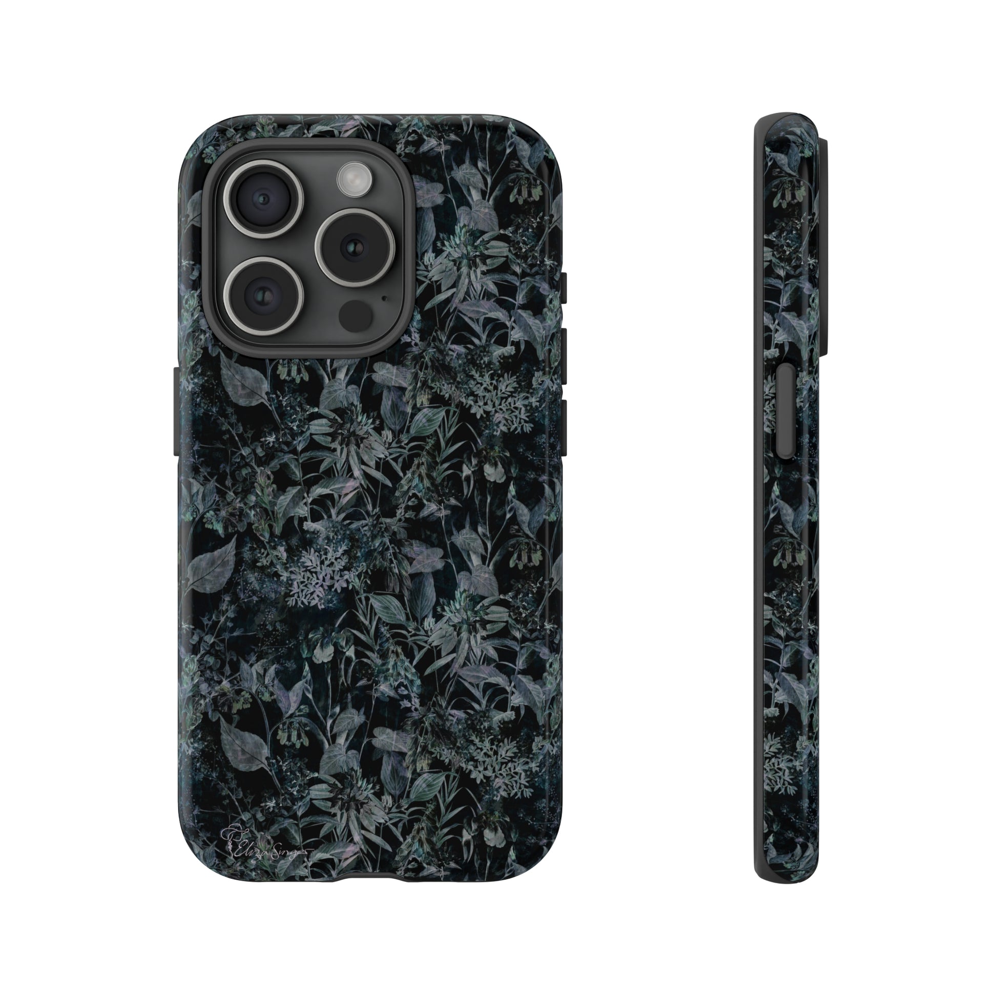 Blossom in Style: Botany Floral Dark Flowers Blue Denim iPhone Tough Protective Cover. This case features a Flower and Muted Grey Design, compatible with iPhone 15, 14, 13, XS, XR Pro/Max/Mini/P/Plus. Unleash Nature's Beauty with Style and Durability. #ElizaSinger #PhoneCase #FloralDesign
