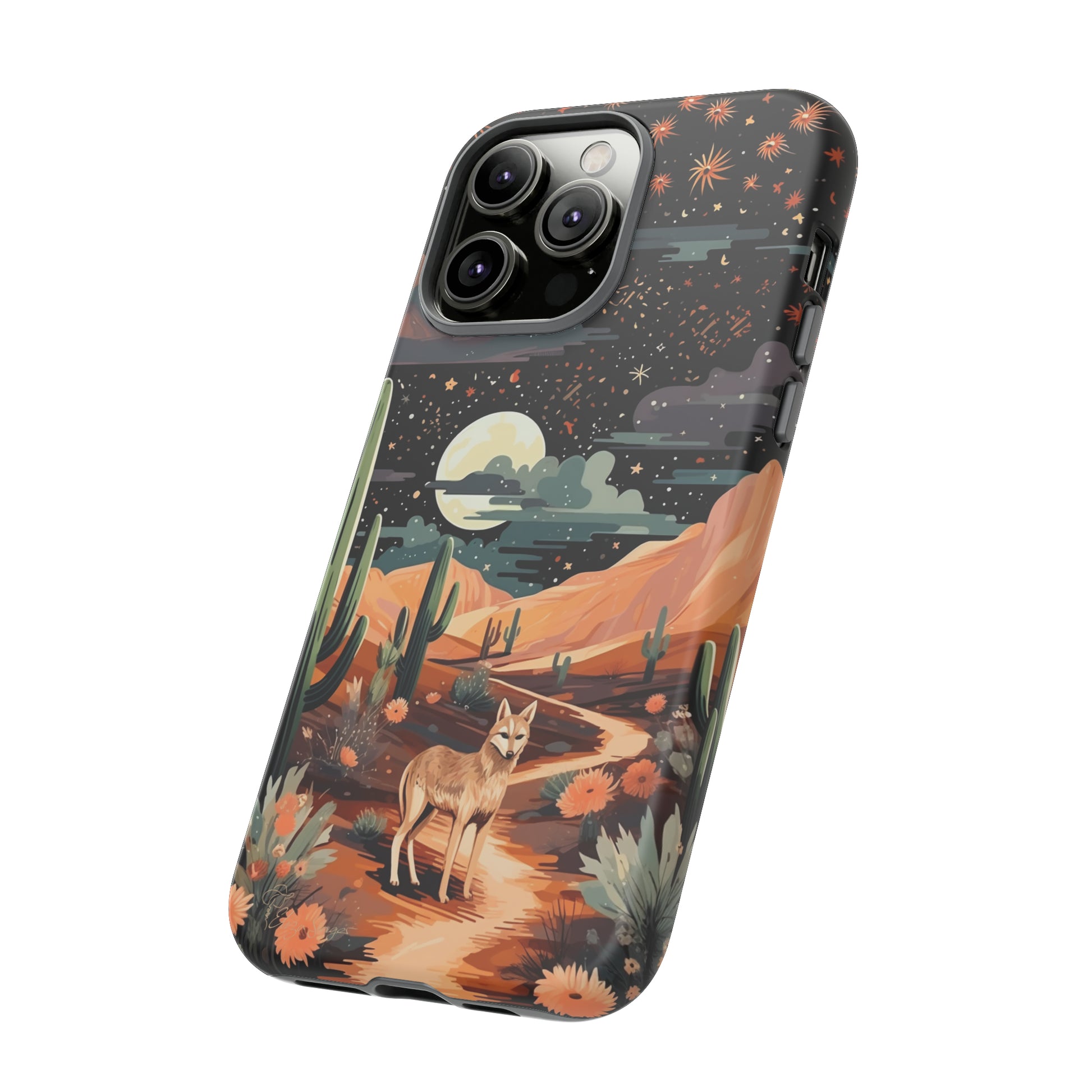 Introducing our Tough Western Cell Phone Case: Twilight Desert Jackal Remix Edition! A variation of our popular design, this edition features a jackal in a desert landscape with a starry night sky and cacti. Get ready for a unique twist on classic rugged protection.